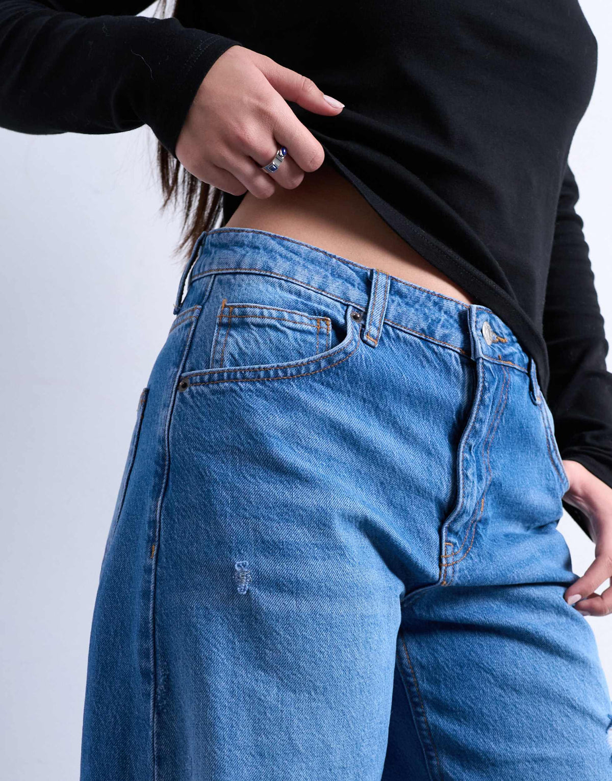 Topshop barrel jean with thigh rips in vintage blue