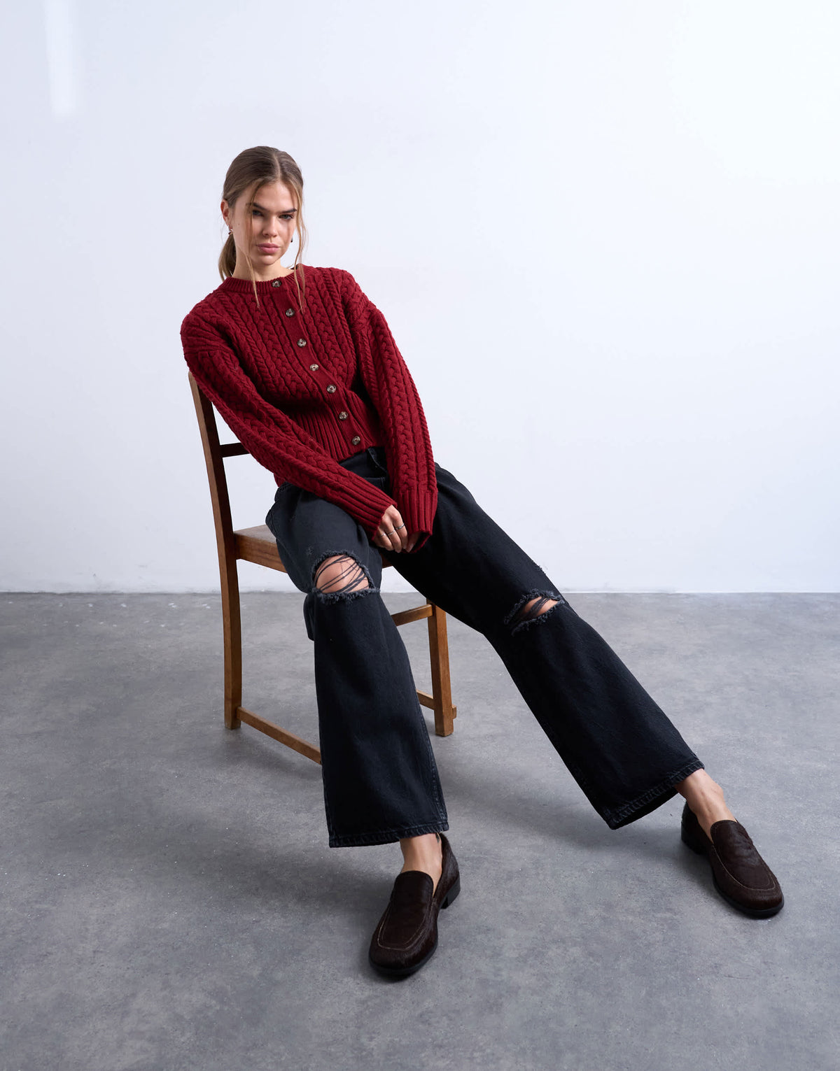 Topshop Column mid rise jean with rip in washed black