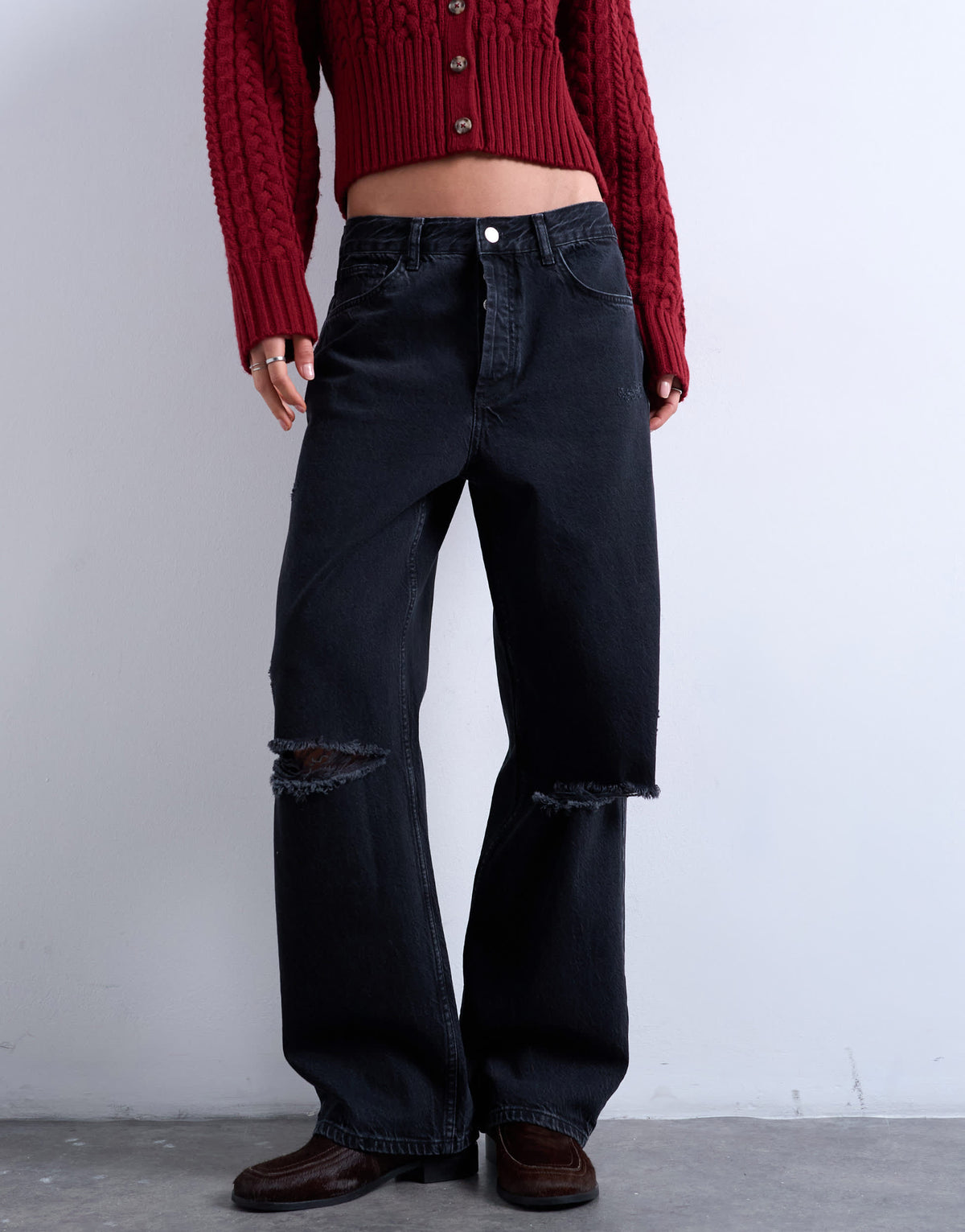 Topshop Column mid rise jean with rip in washed black