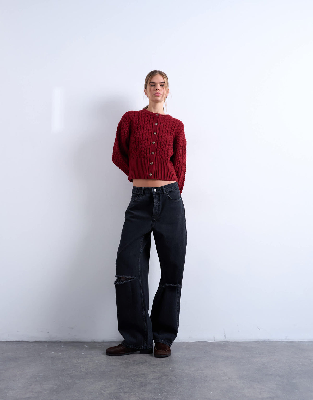 Topshop Column mid rise jean with rip in washed black