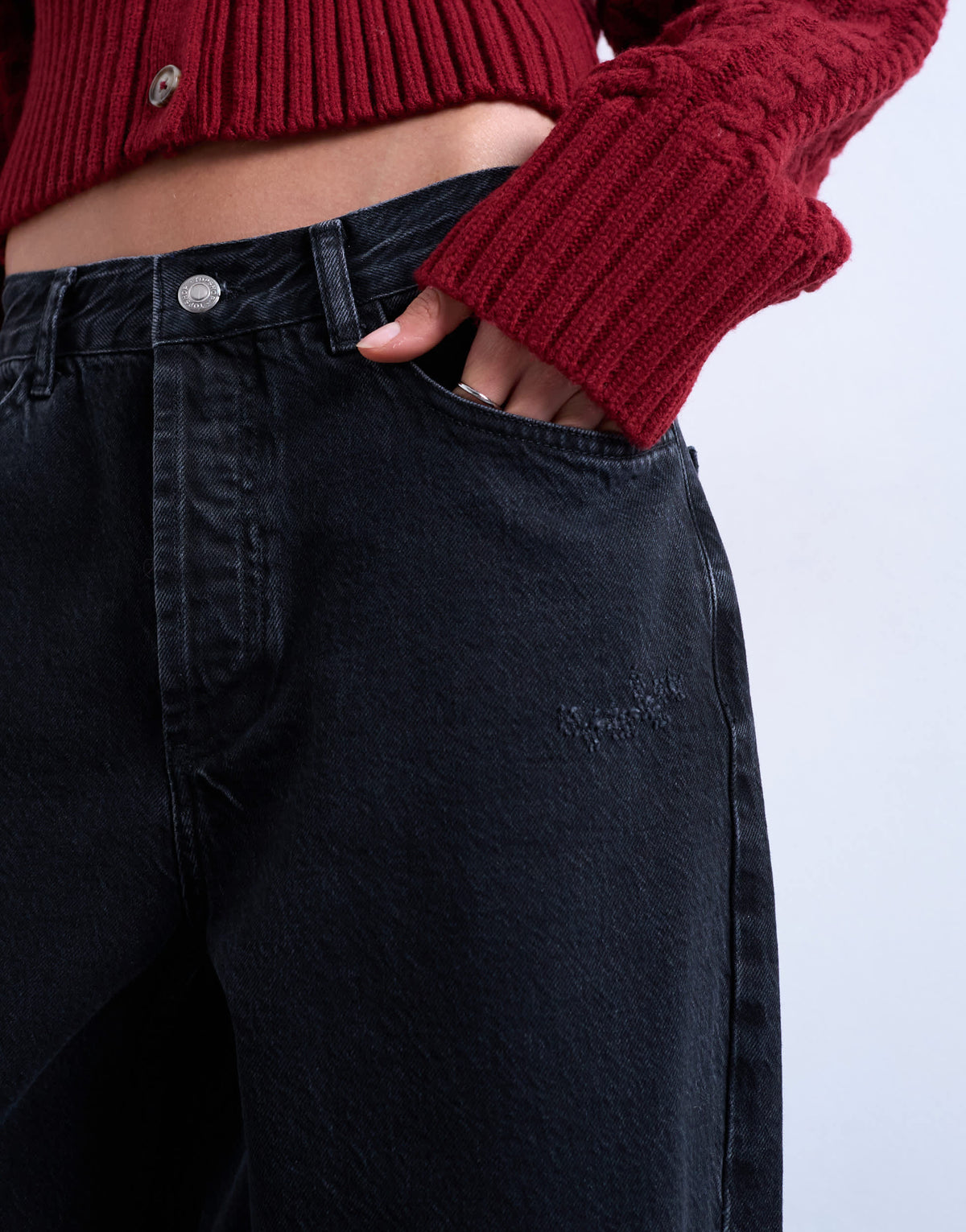 Topshop Column mid rise jean with rip in washed black