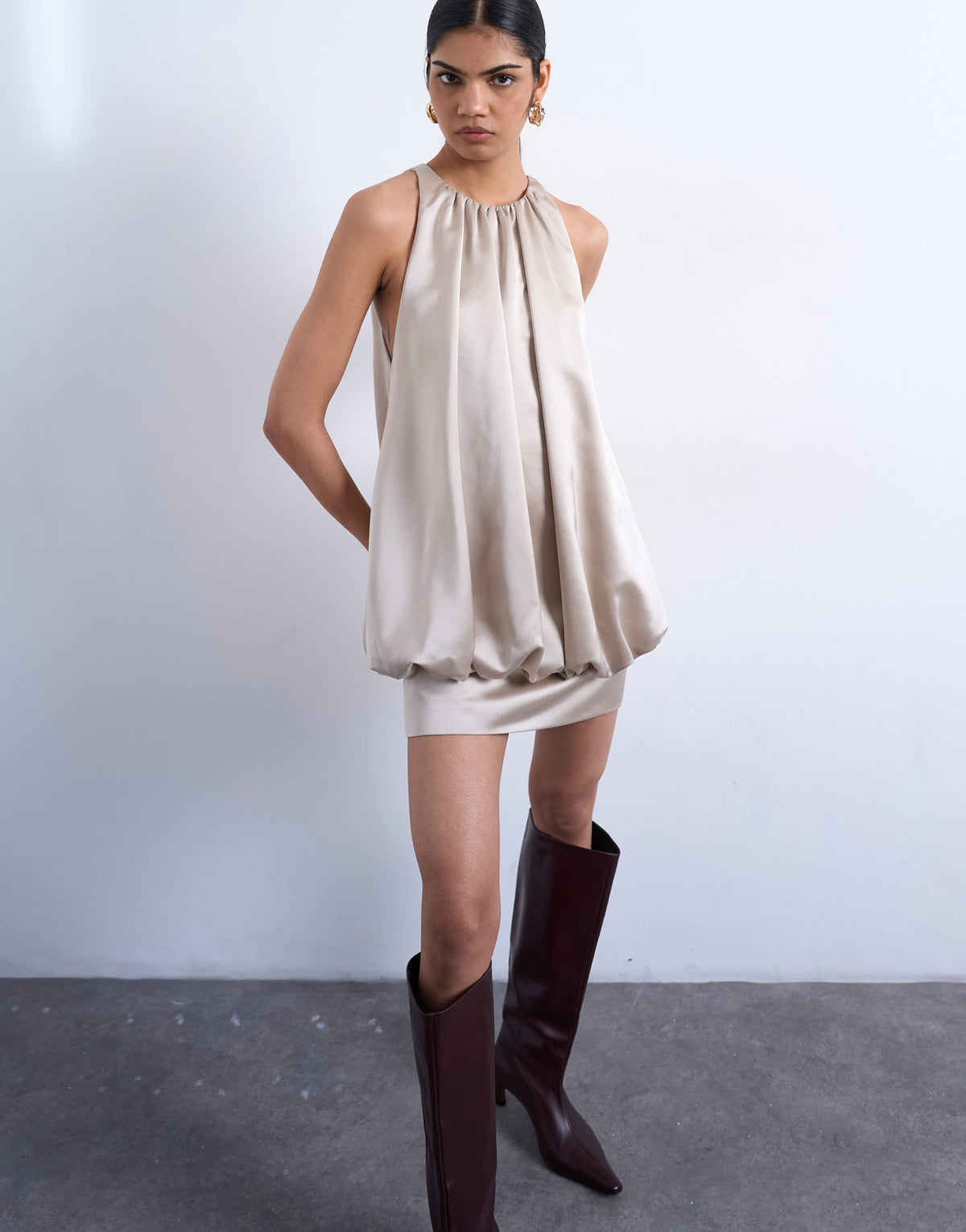 Topshop bubble hem mini dress in oyster satin twill