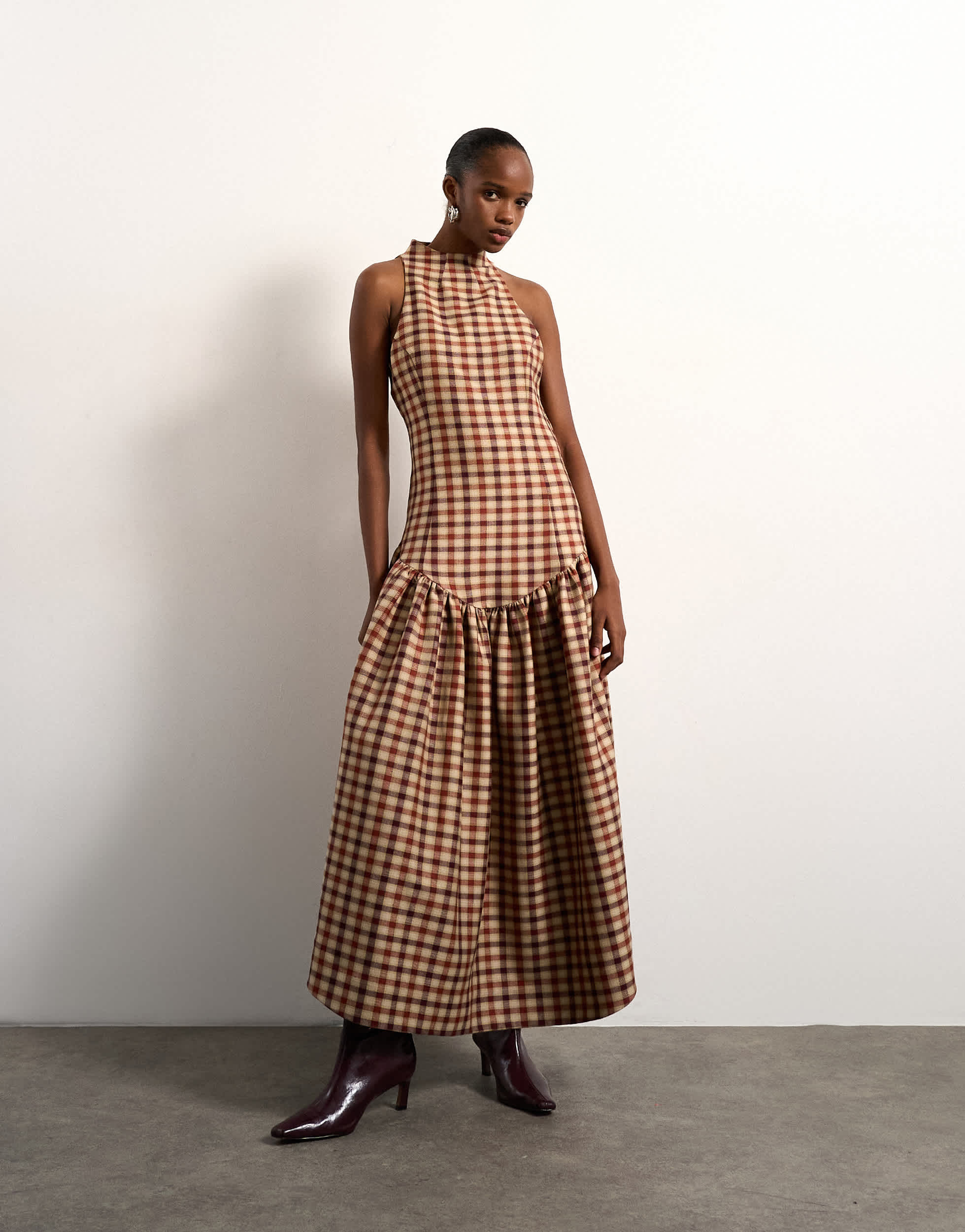 Tolu Coker x Topshop check open back midi dress in brown check