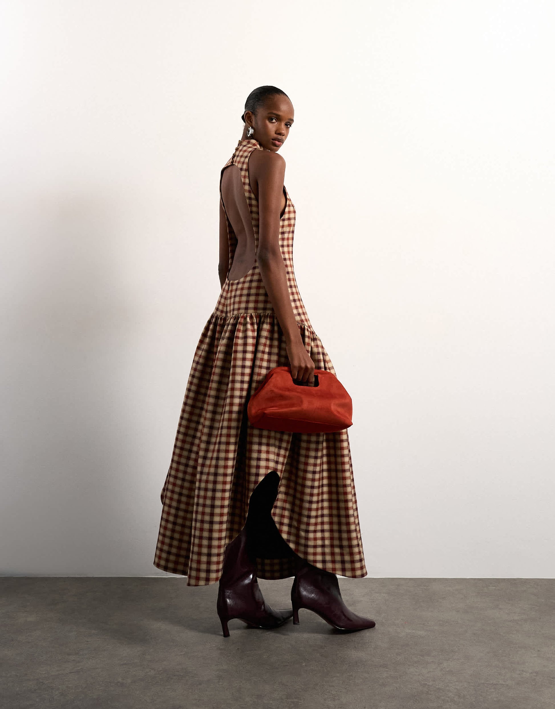 Tolu Coker x Topshop check open back midi dress in brown check