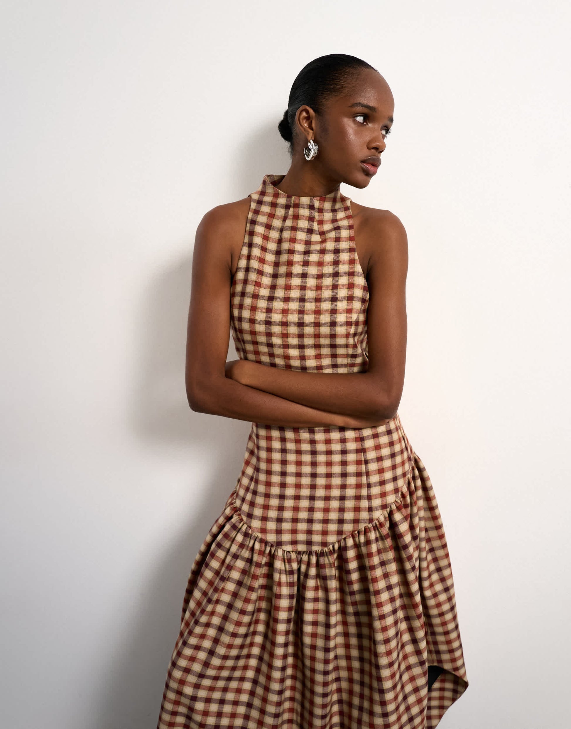 Tolu Coker x Topshop check open back midi dress in brown check