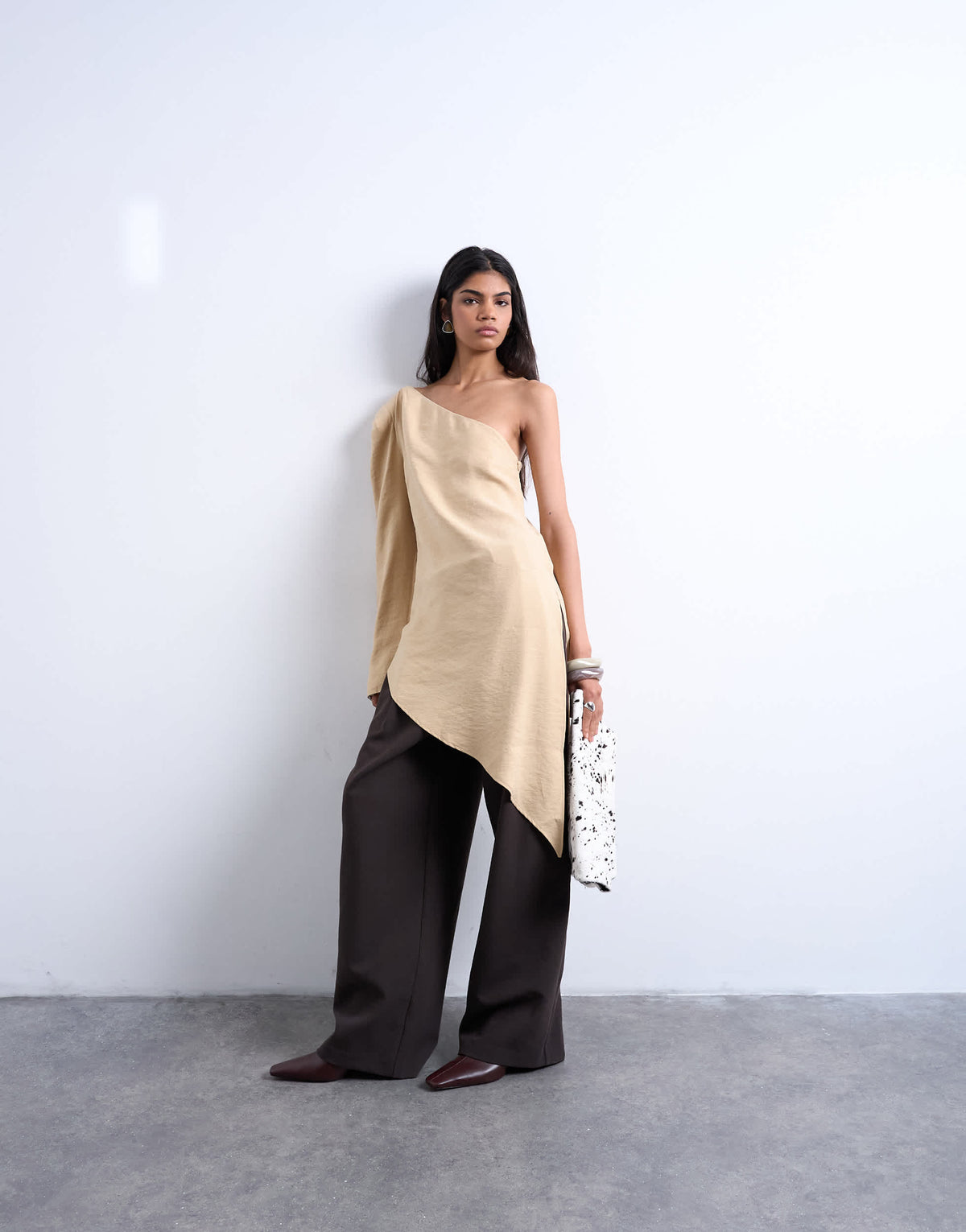Topshop cupro asymmetric top with shoulder pads in stone