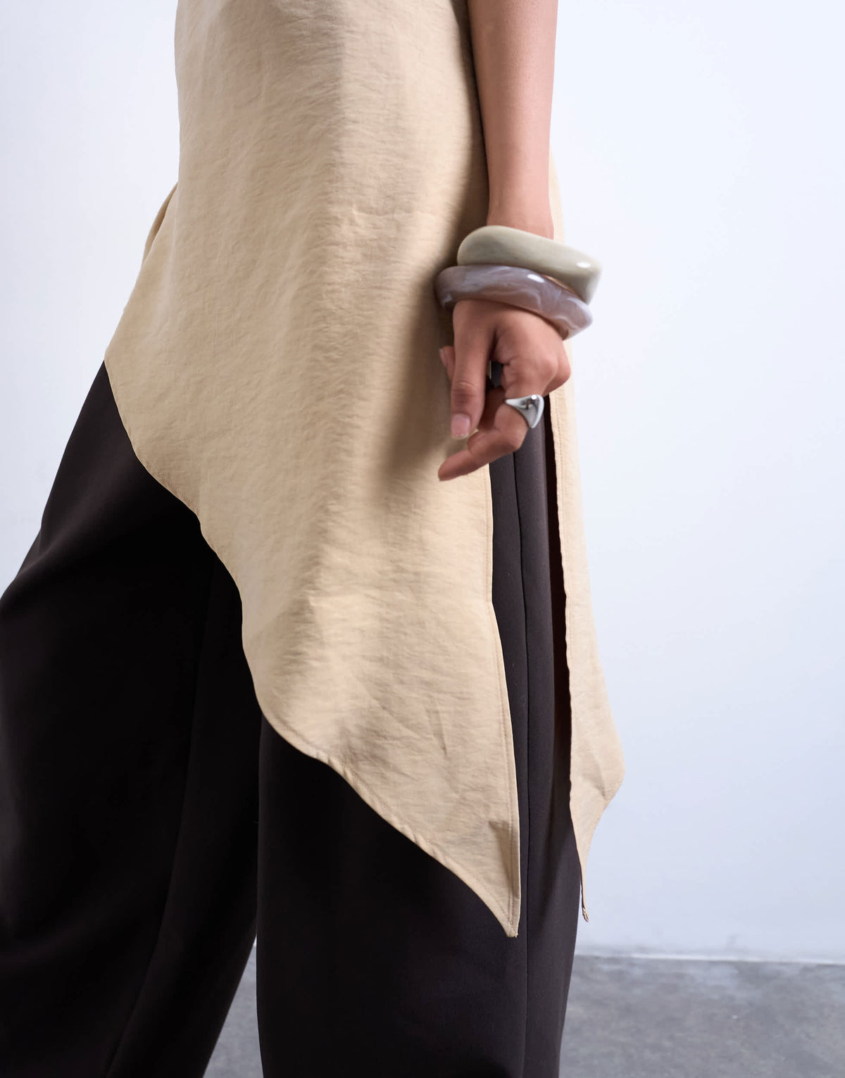 Topshop cupro asymmetric top with shoulder pads in stone
