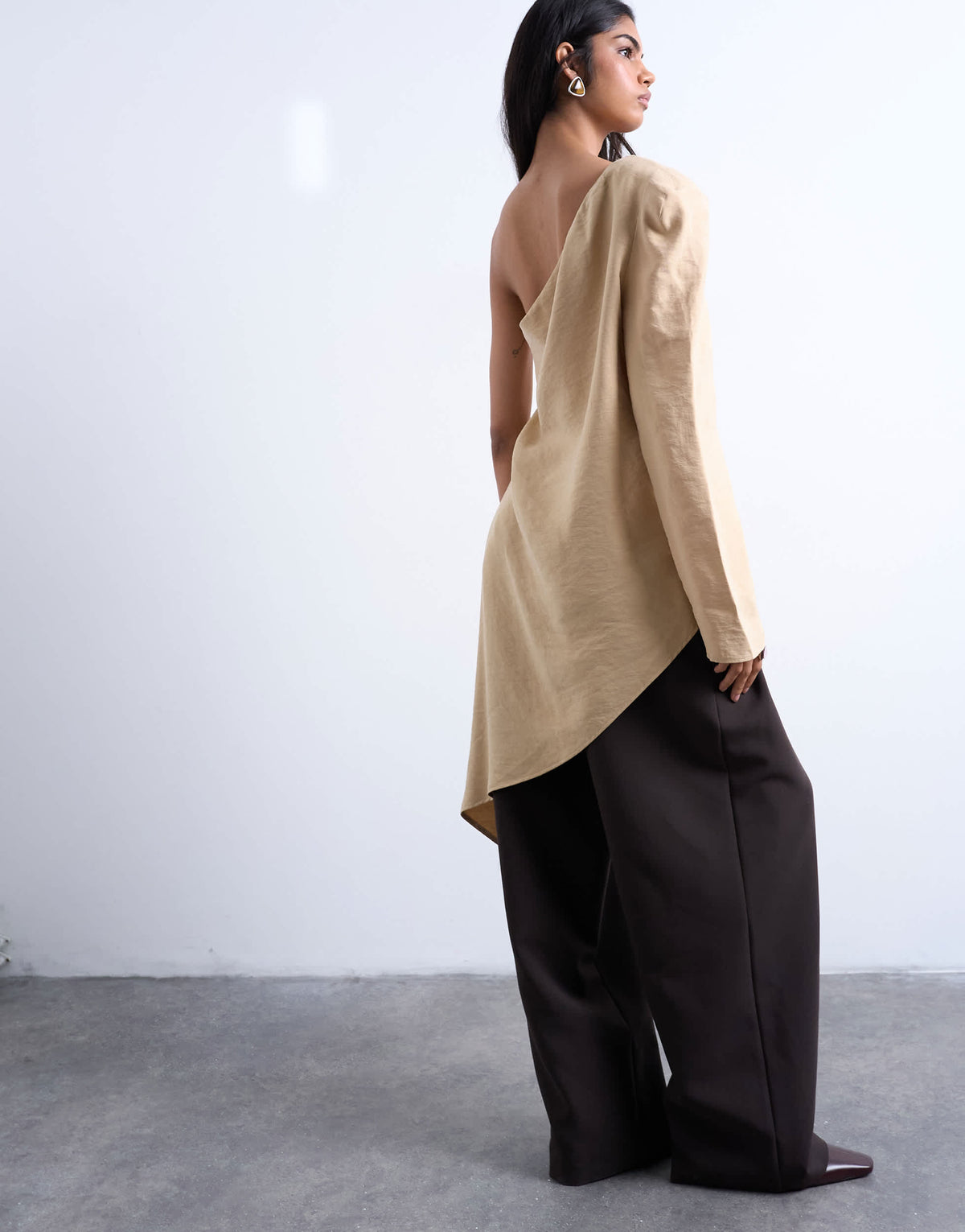 Topshop cupro asymmetric top with shoulder pads in stone
