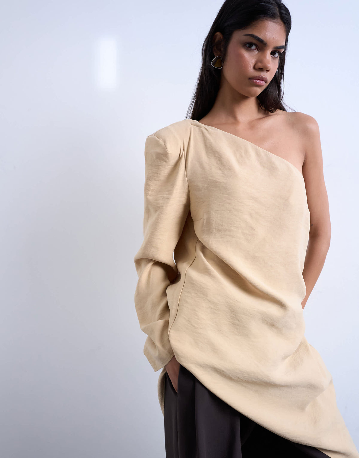 Topshop cupro asymmetric top with shoulder pads in stone