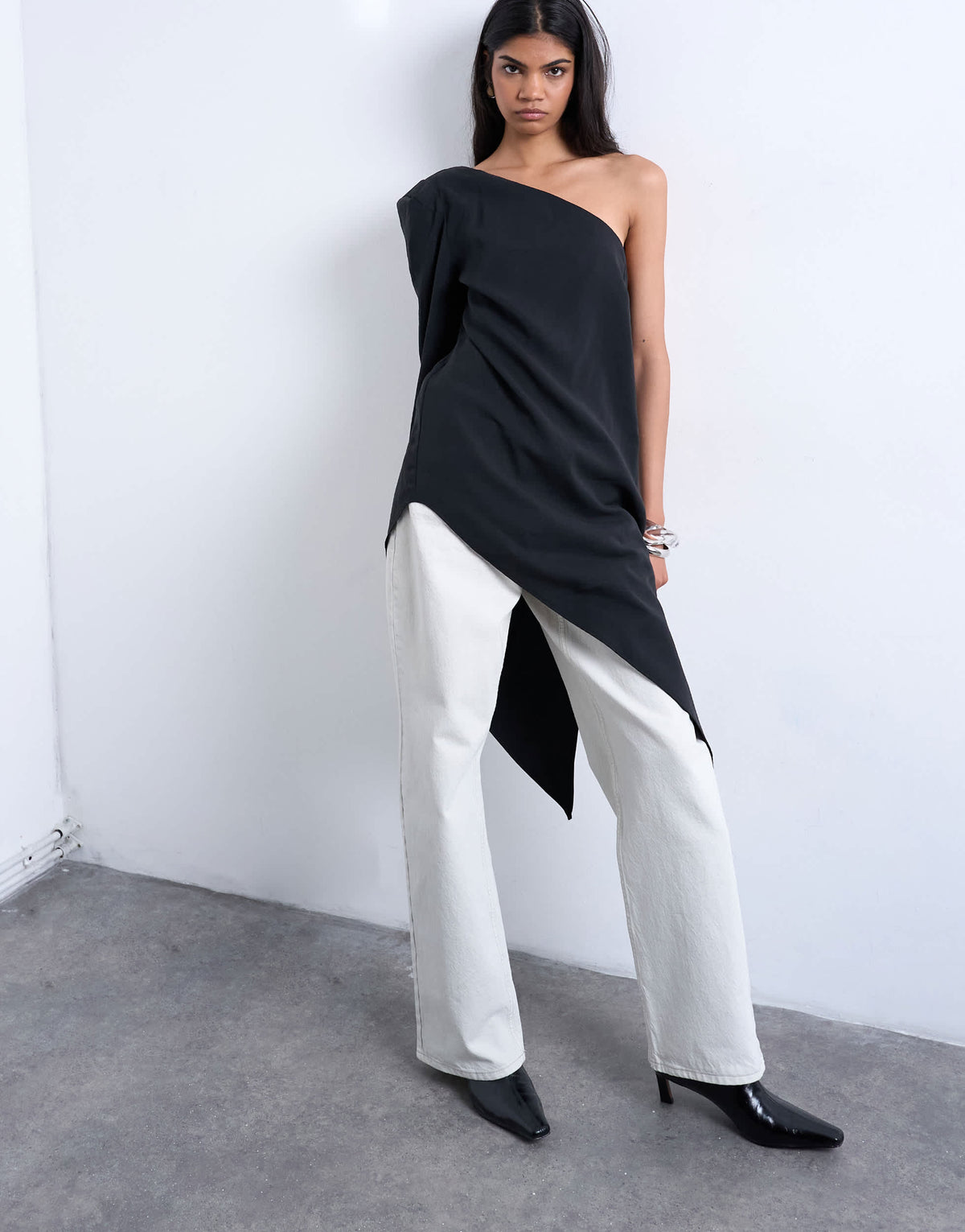 Topshop cupro asymmetric top with shoulder pads in black