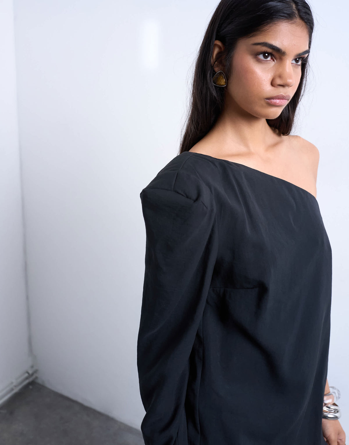Topshop cupro asymmetric top with shoulder pads in black