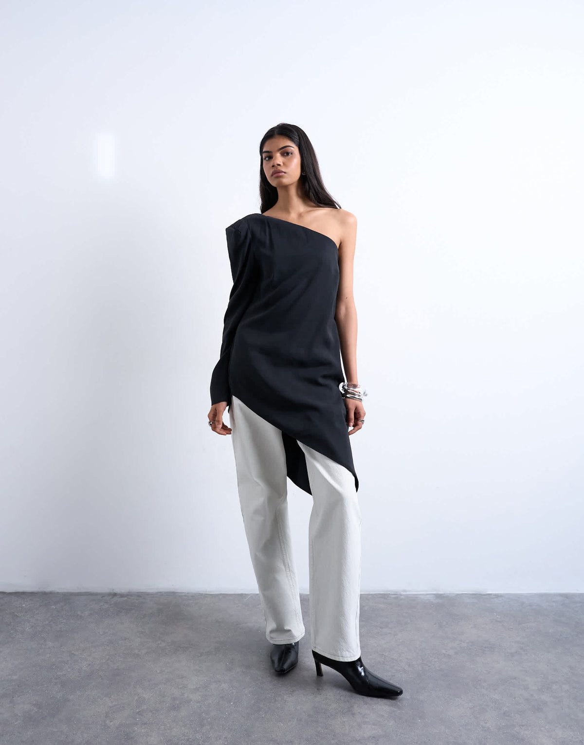 Topshop cupro asymmetric top with shoulder pads in black