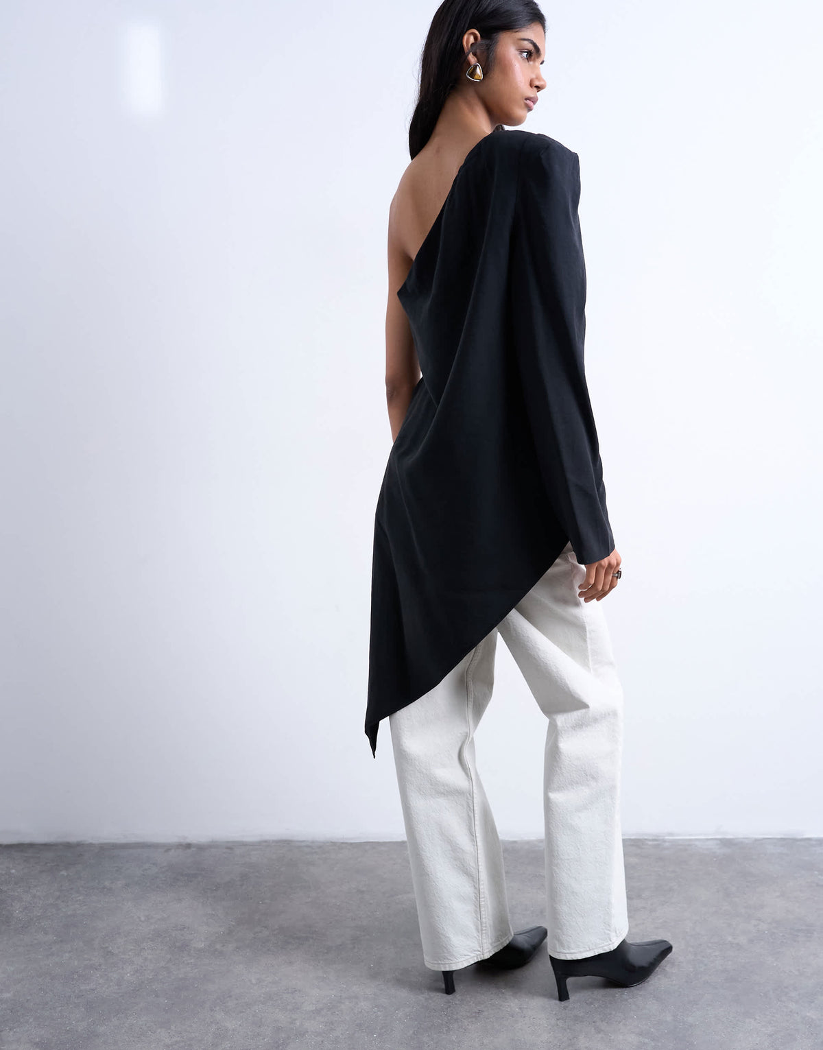 Topshop cupro asymmetric top with shoulder pads in black