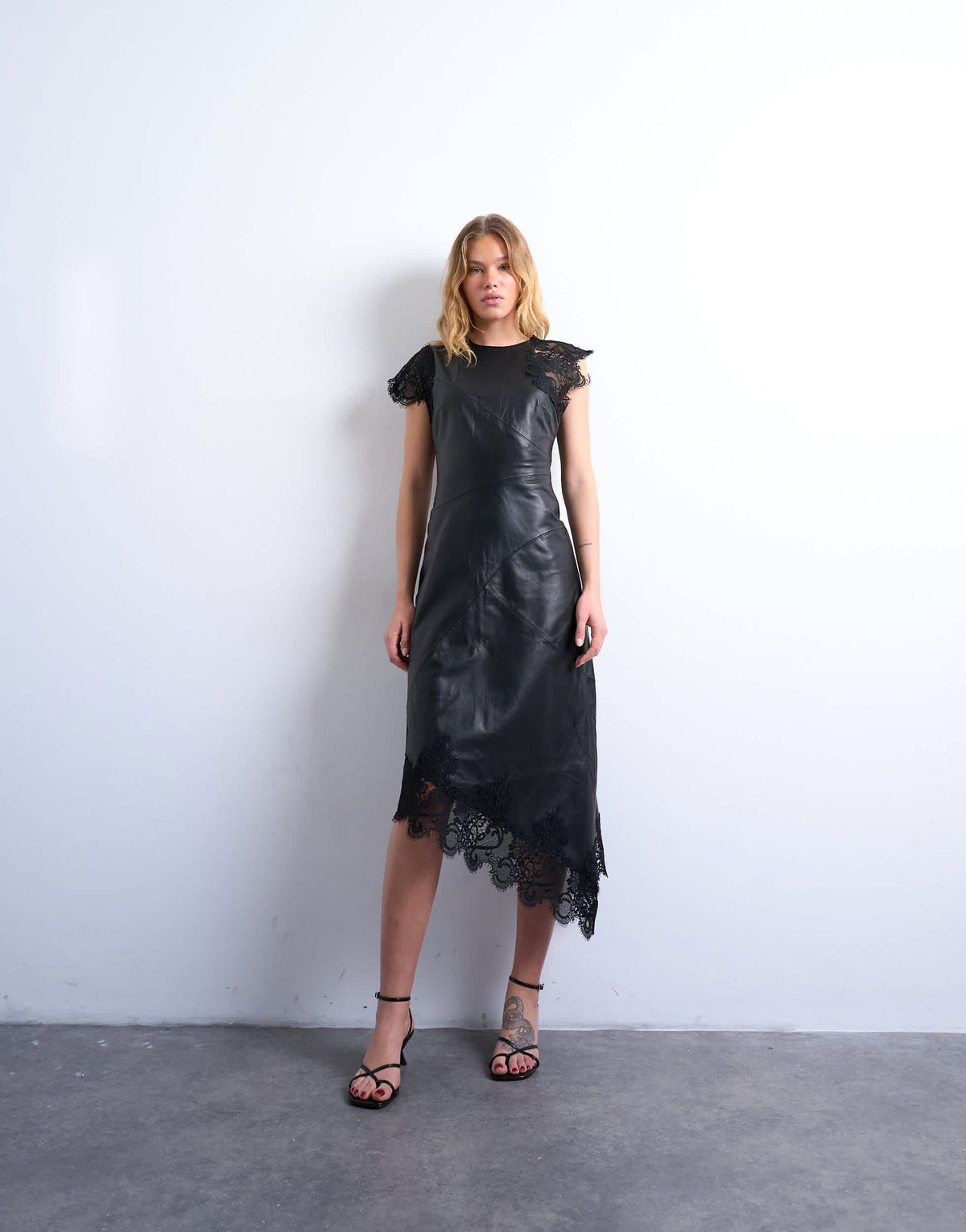 Topshop leather lace insert grown on shoulder midi dress in black