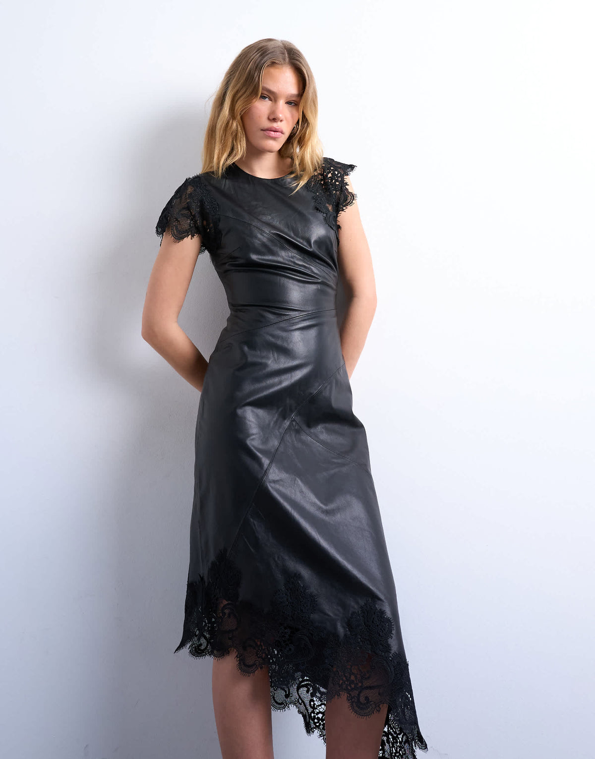 Topshop leather lace insert grown on shoulder midi dress in black