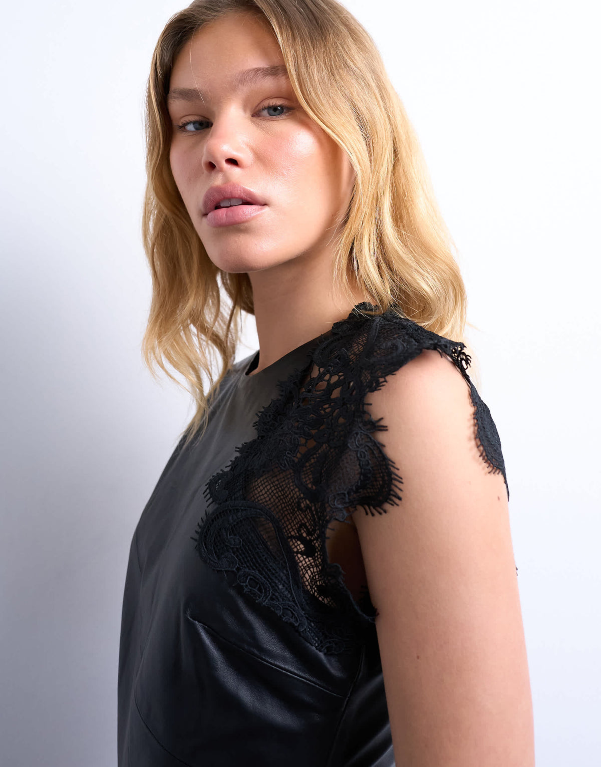 Topshop leather lace insert grown on shoulder midi dress in black