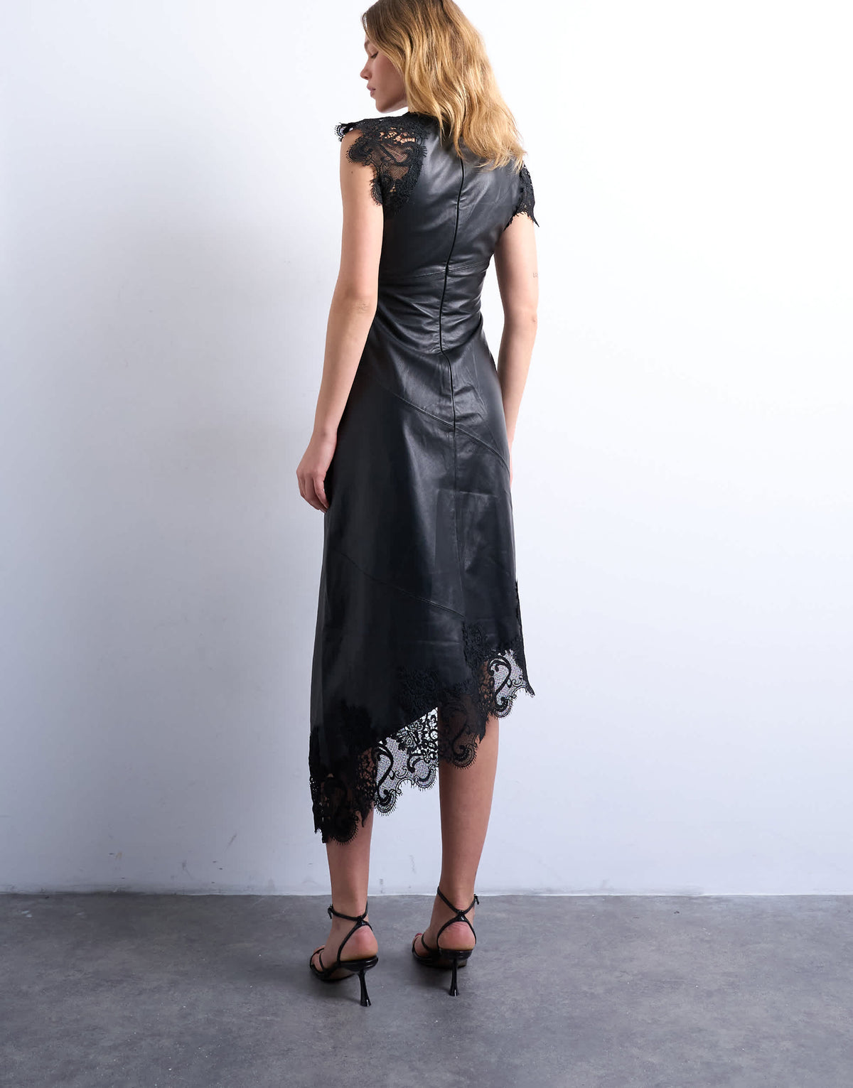 Topshop leather lace insert grown on shoulder midi dress in black