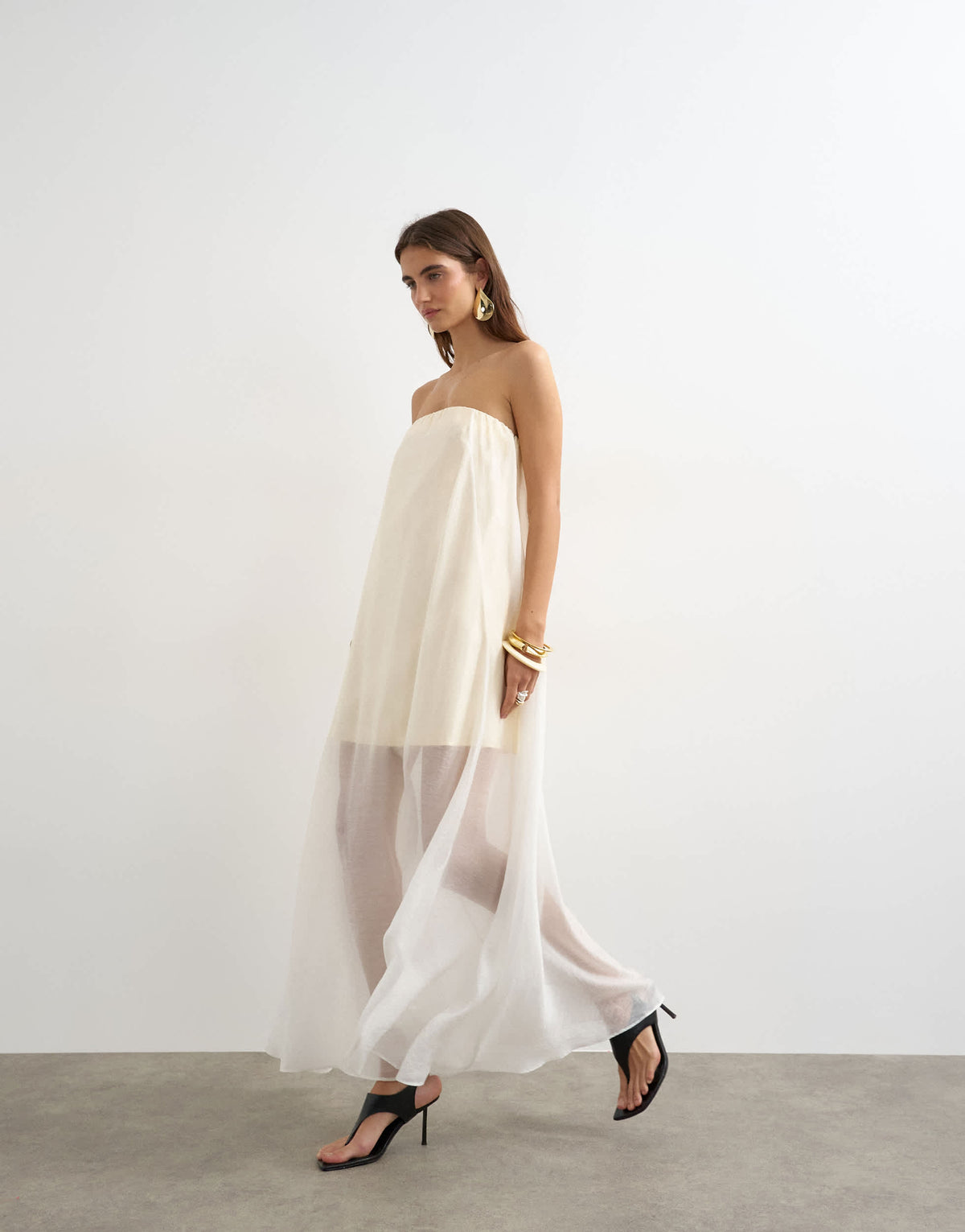Topshop organza layered bandeau maxi dress in buttermilk