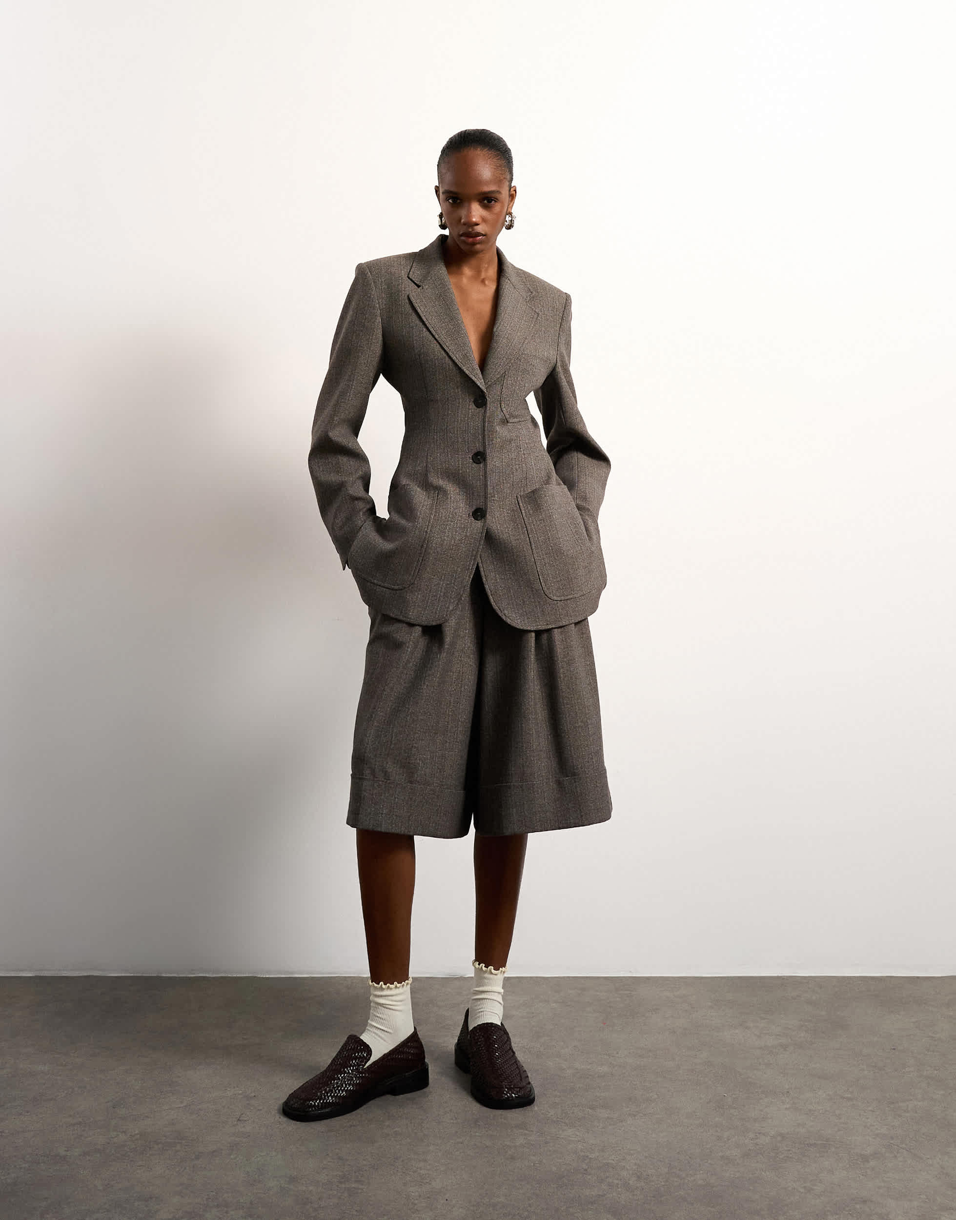 Tolu Coker x Topshop tailored longline short in taupe
