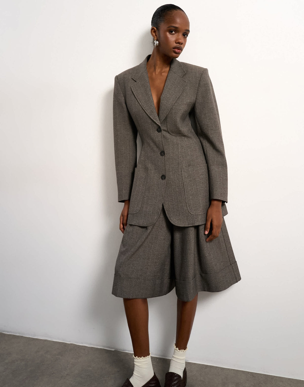 Tolu Coker x Topshop tailored longline short in taupe