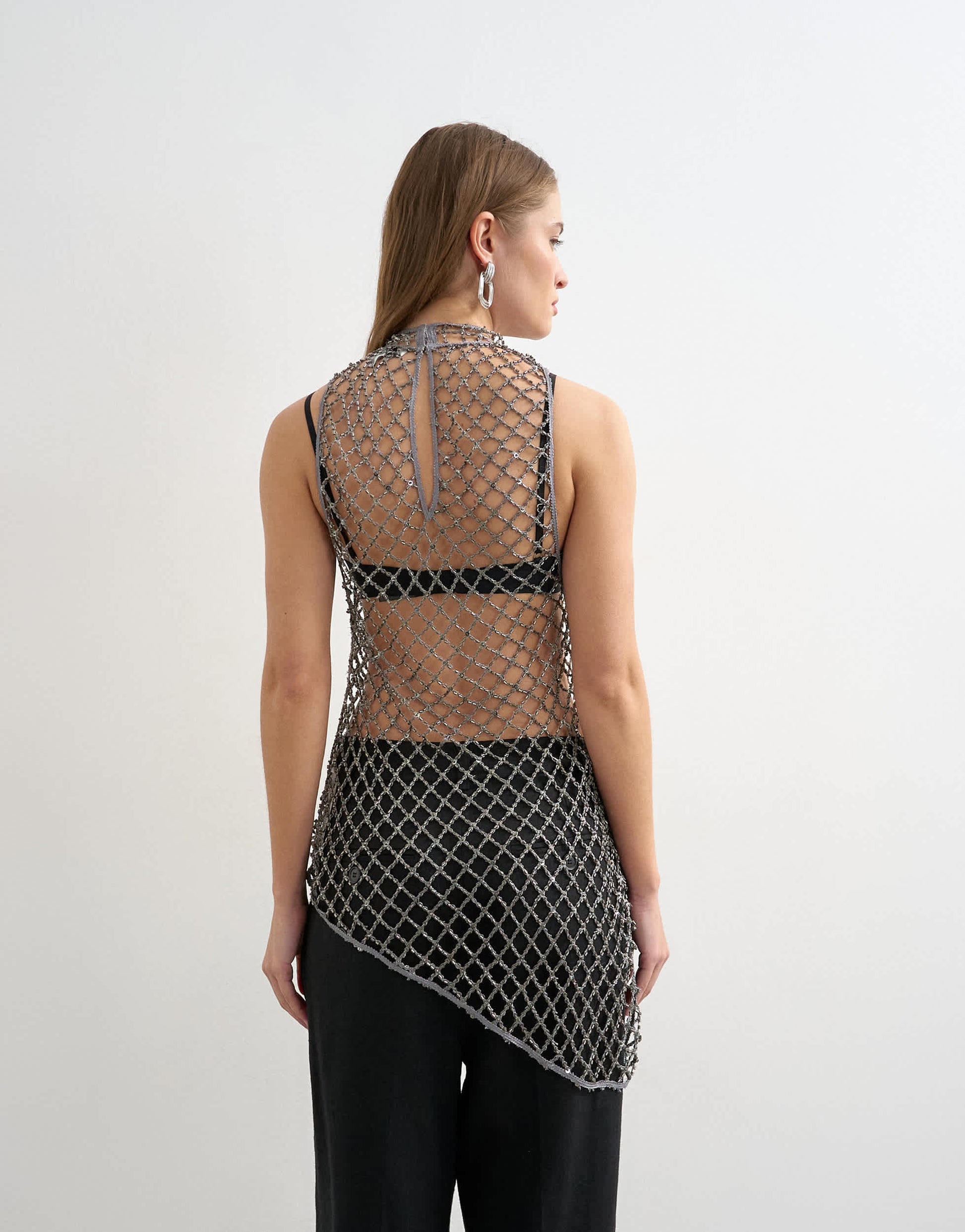 Topshop premium hand embellished tunic top in gun metal silver