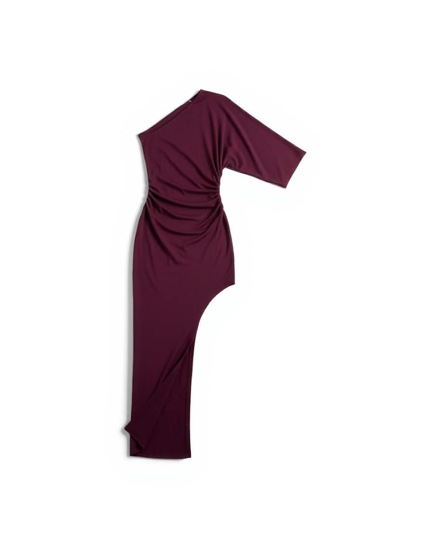 Topshop asymmetric hem one sleeve maxi dress in burgundy