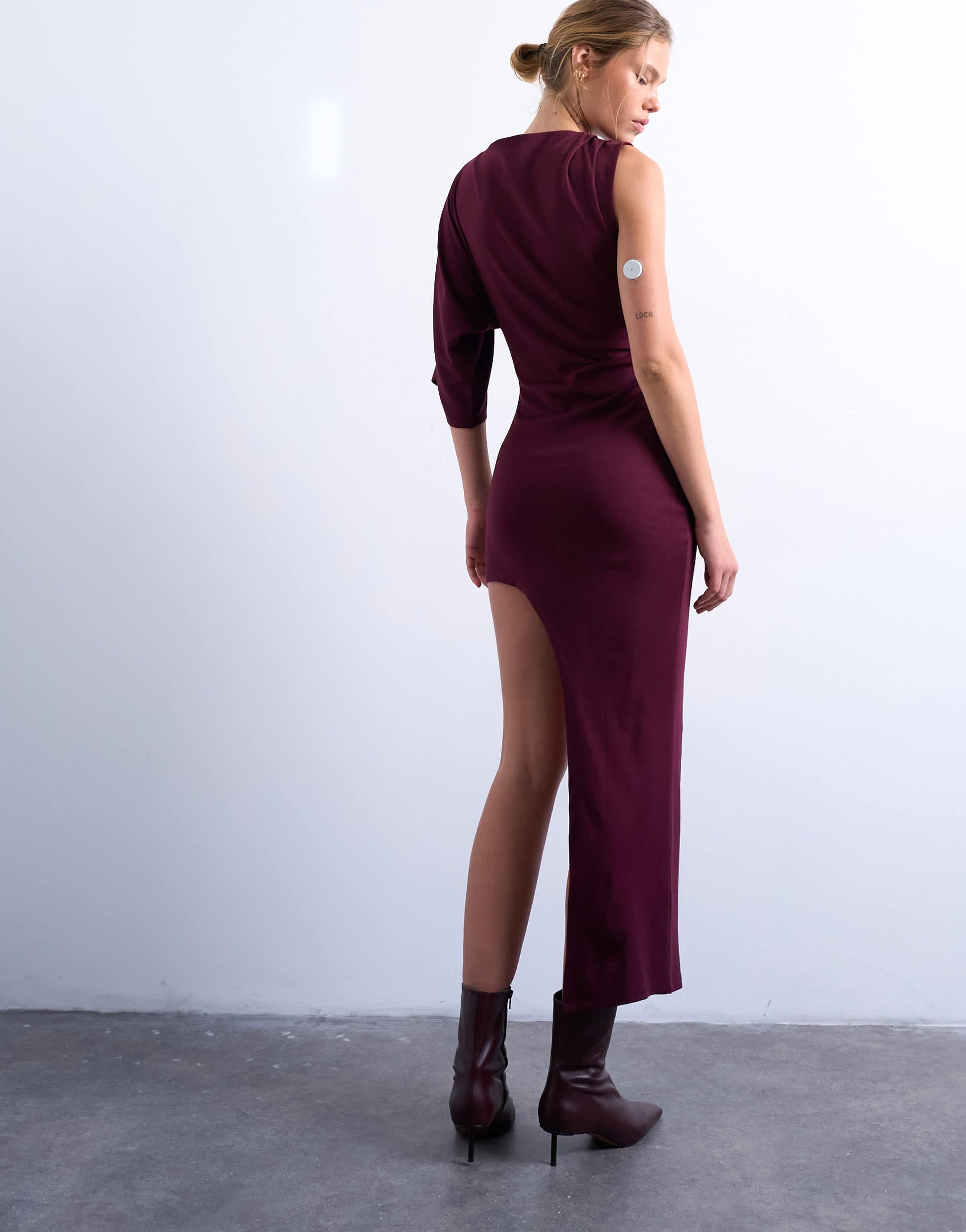 Topshop asymmetric hem one sleeve maxi dress in burgundy