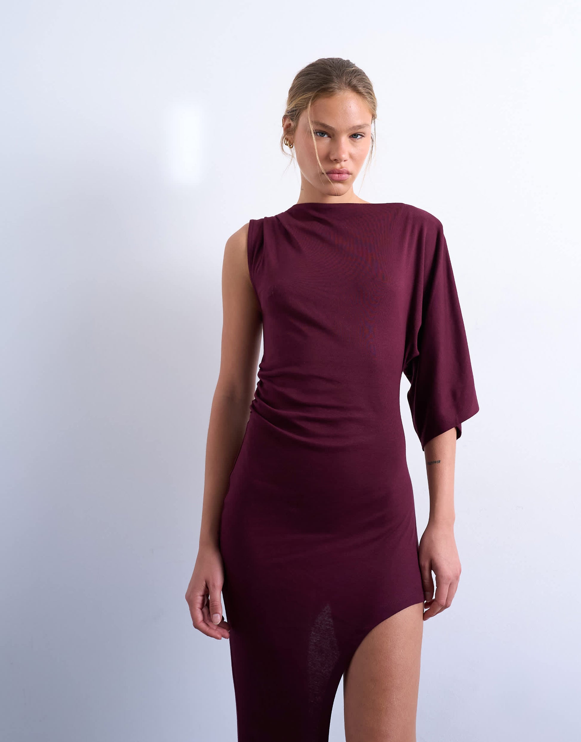 Topshop asymmetric hem one sleeve maxi dress in burgundy