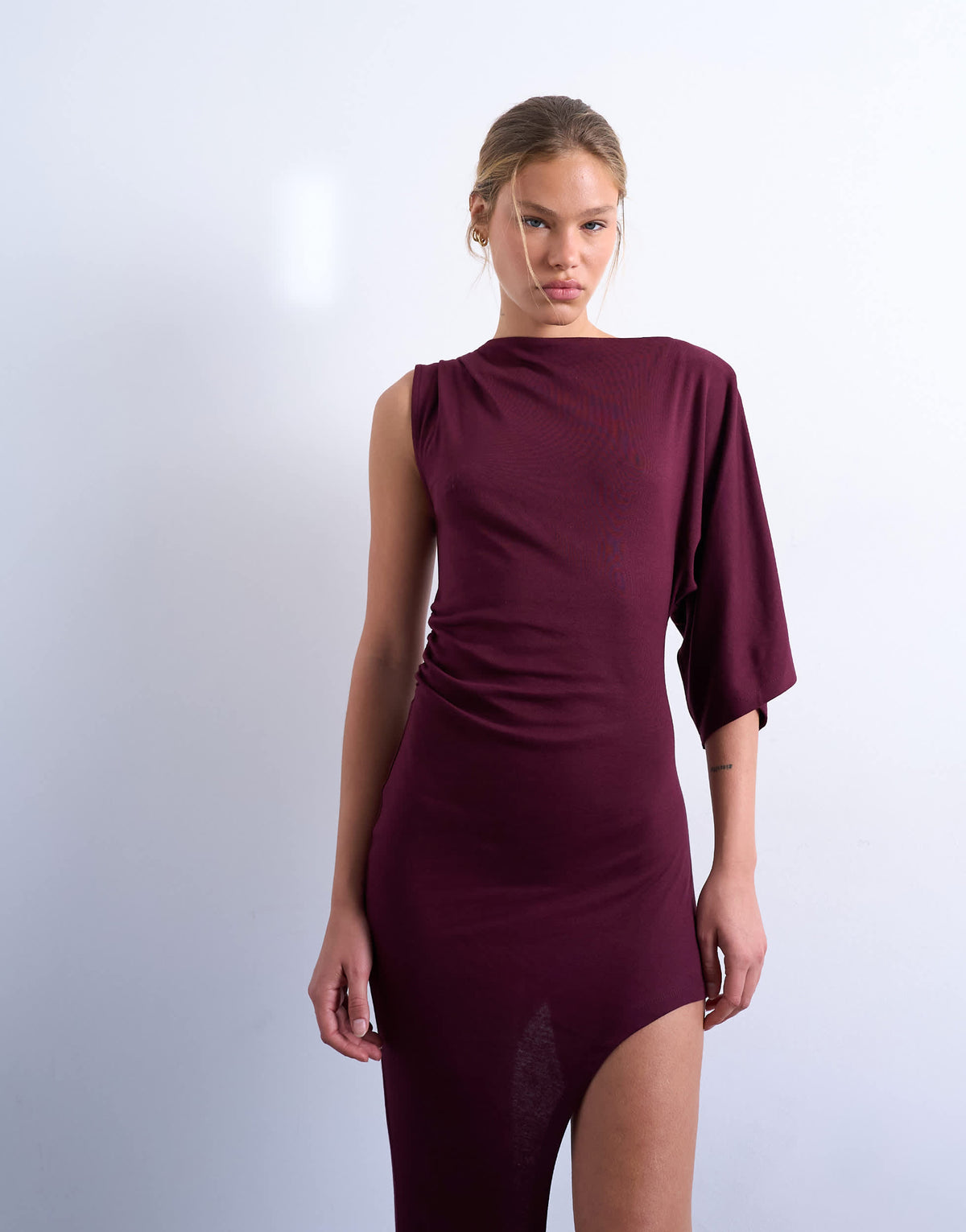 Topshop asymmetric hem one sleeve maxi dress in burgundy