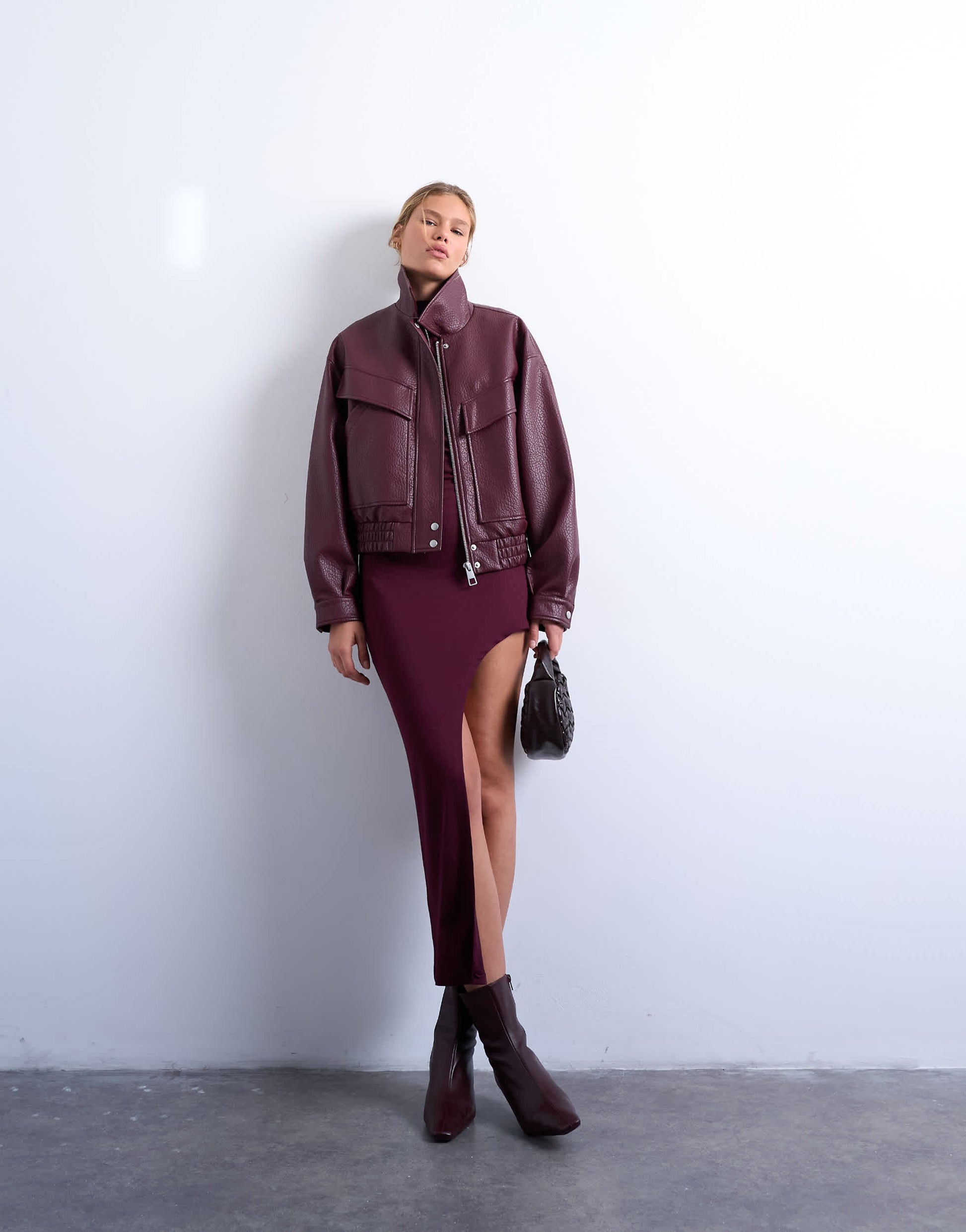 Topshop asymmetric hem one sleeve maxi dress in burgundy