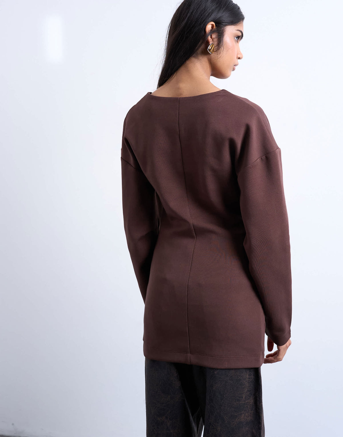 Topshop interlock v-neck banana sleeve tunic top in chocolate