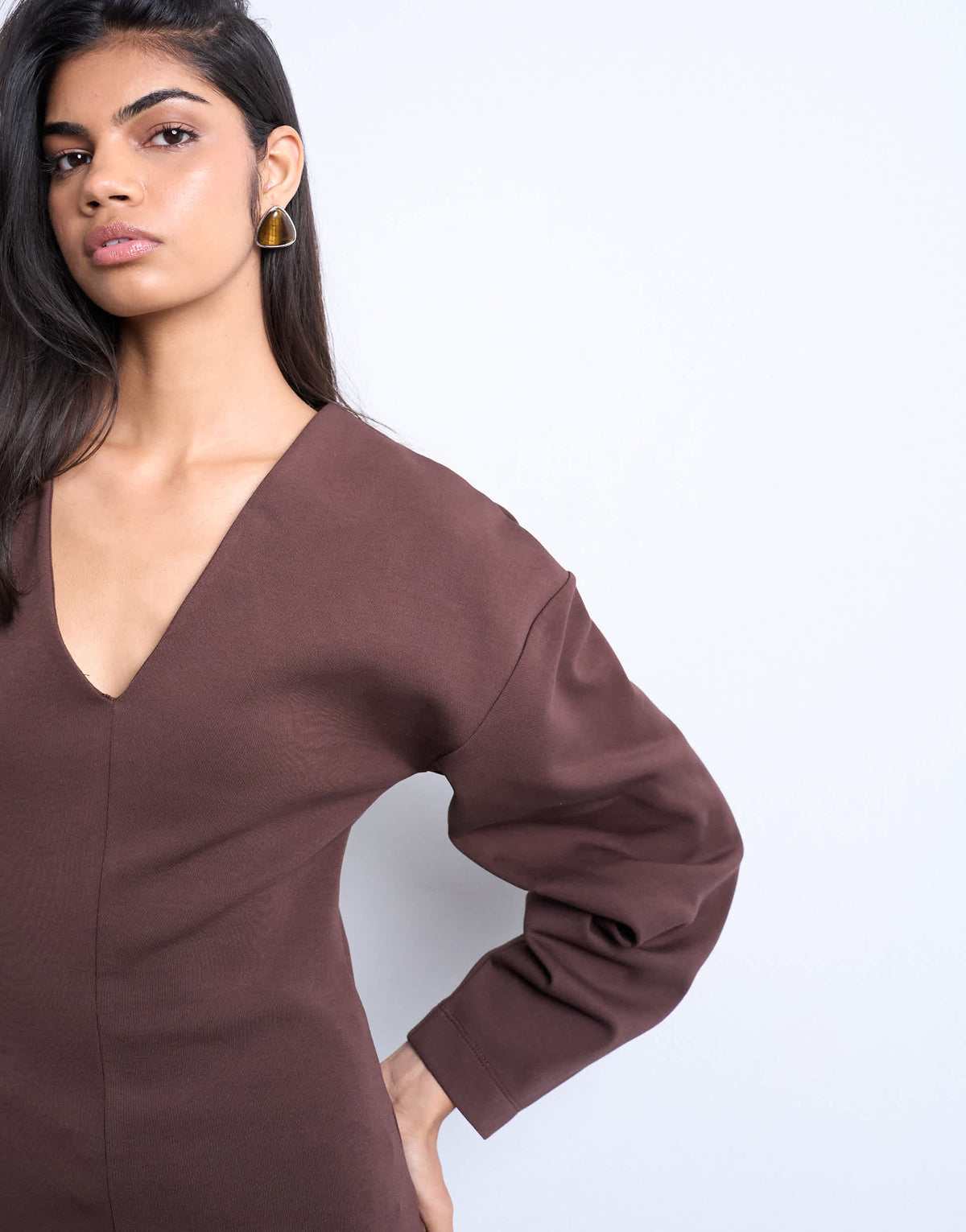 Topshop interlock v-neck banana sleeve tunic top in chocolate