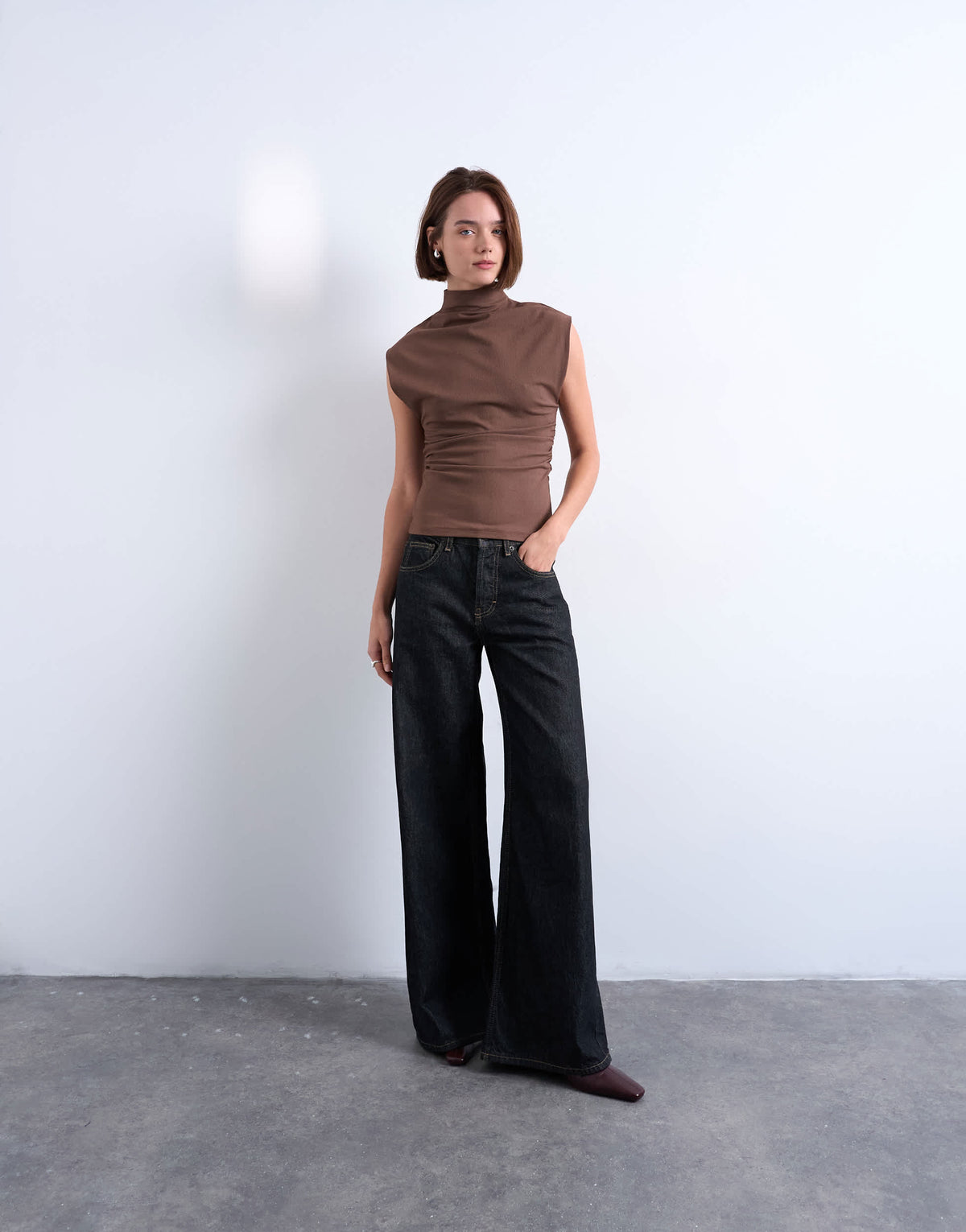 Topshop crepe high neck sleeveless tank in brown