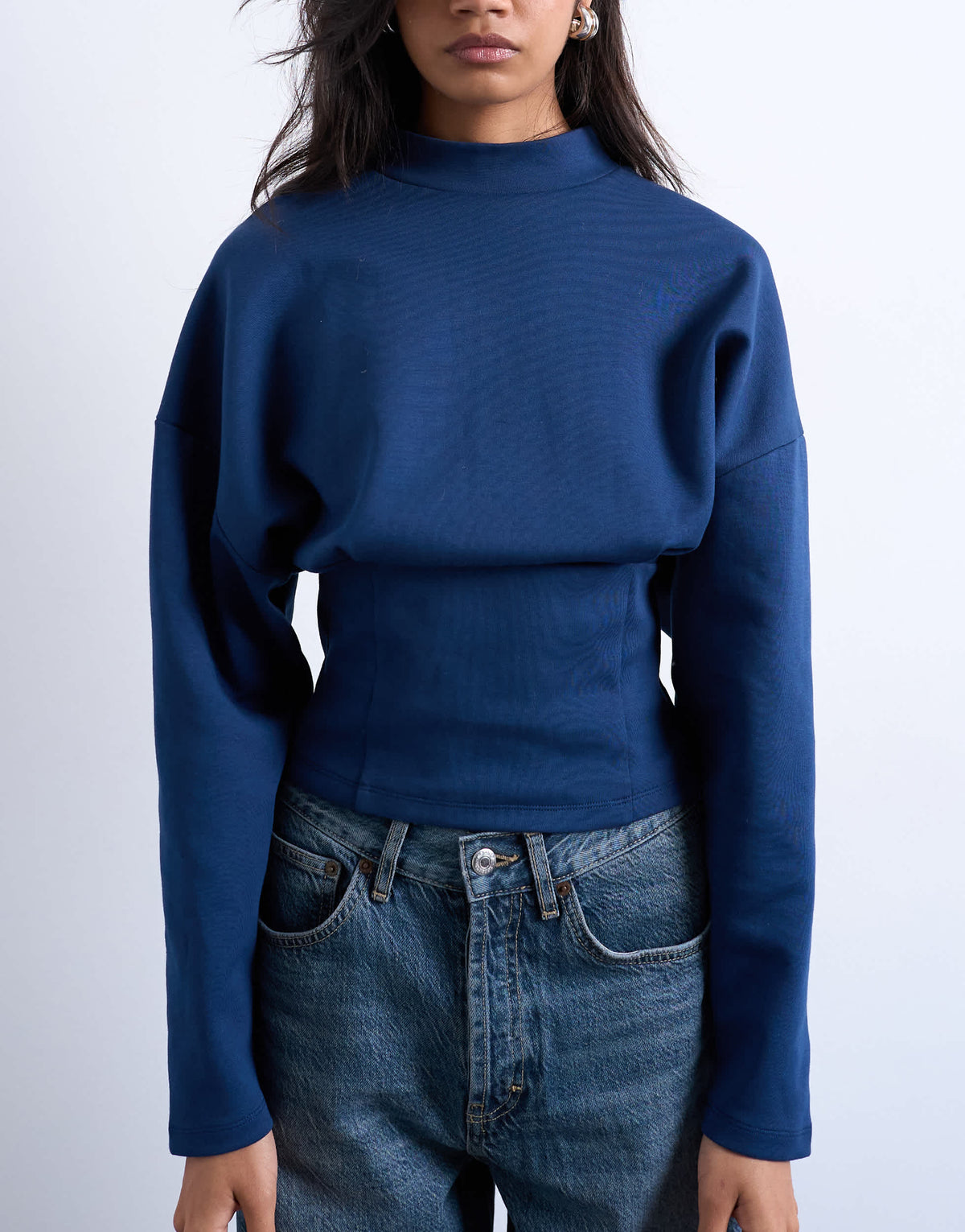 Topshop interlock corset waist long sleeve top in navy