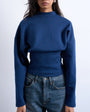 Topshop interlock corset waist long sleeve top in navy