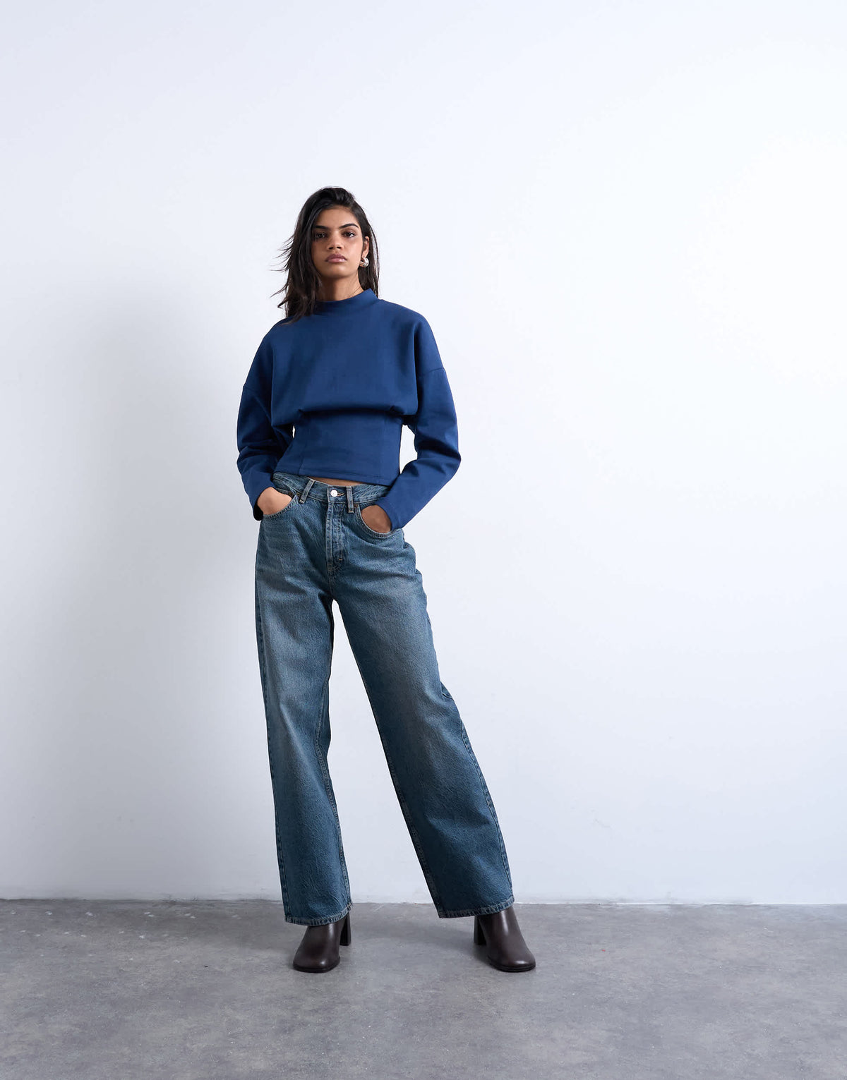 Topshop interlock corset waist long sleeve top in navy