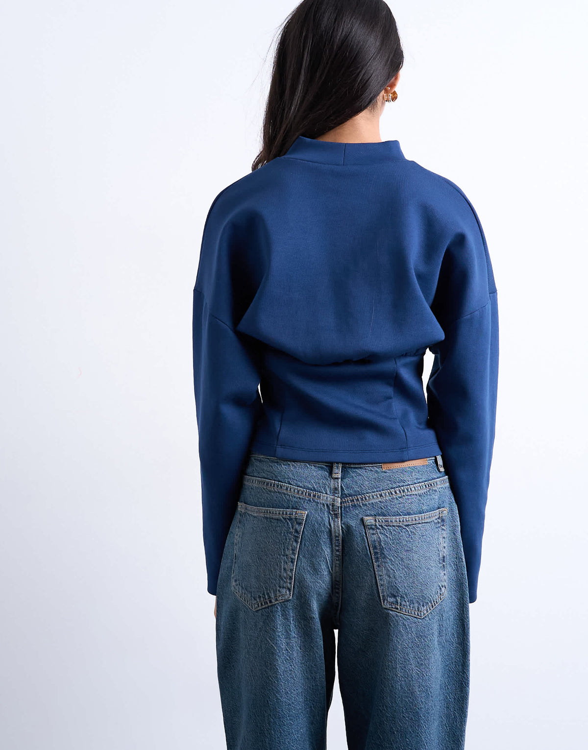 Topshop interlock corset waist long sleeve top in navy