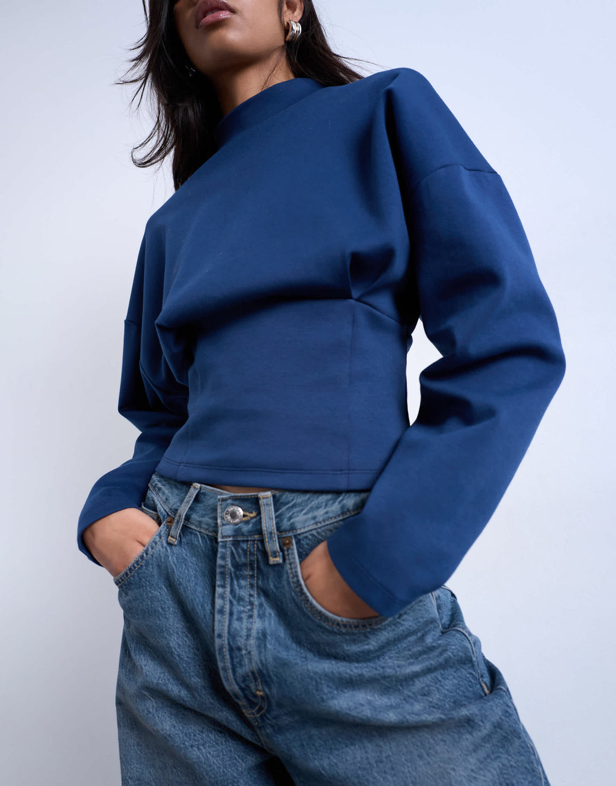 Topshop interlock corset waist long sleeve top in navy