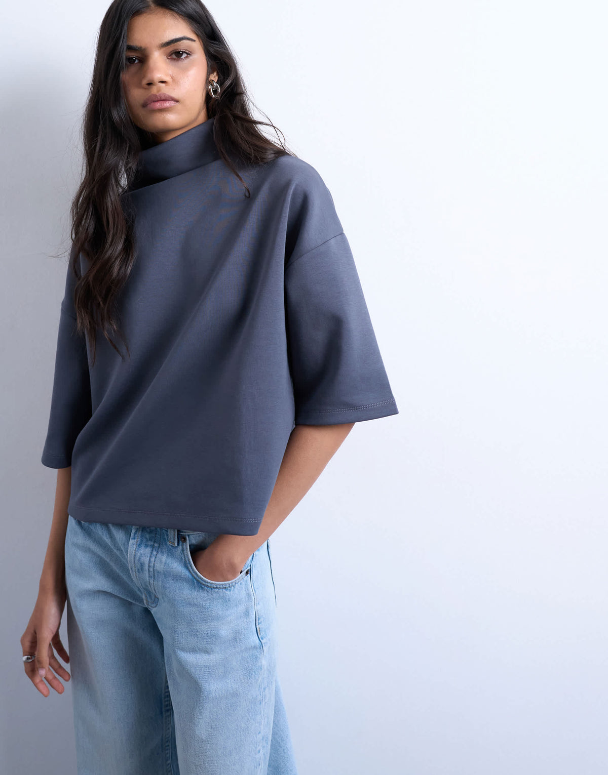 Topshop interlock funnel neck top in charcoal grey