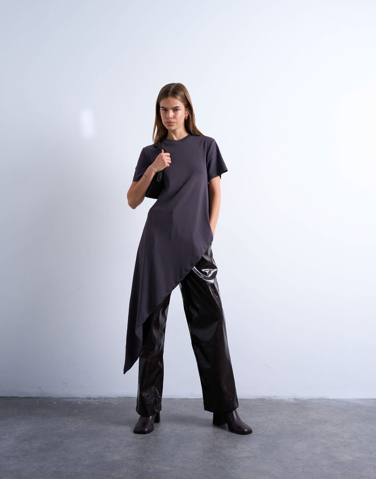 Topshop slinky asymmetric short sleeve tunic top in charcoal grey