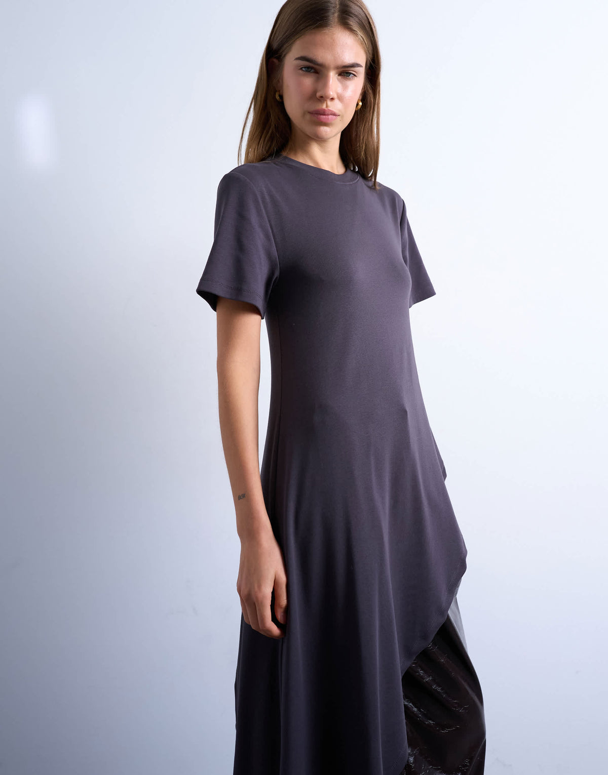 Topshop slinky asymmetric short sleeve tunic top in charcoal grey