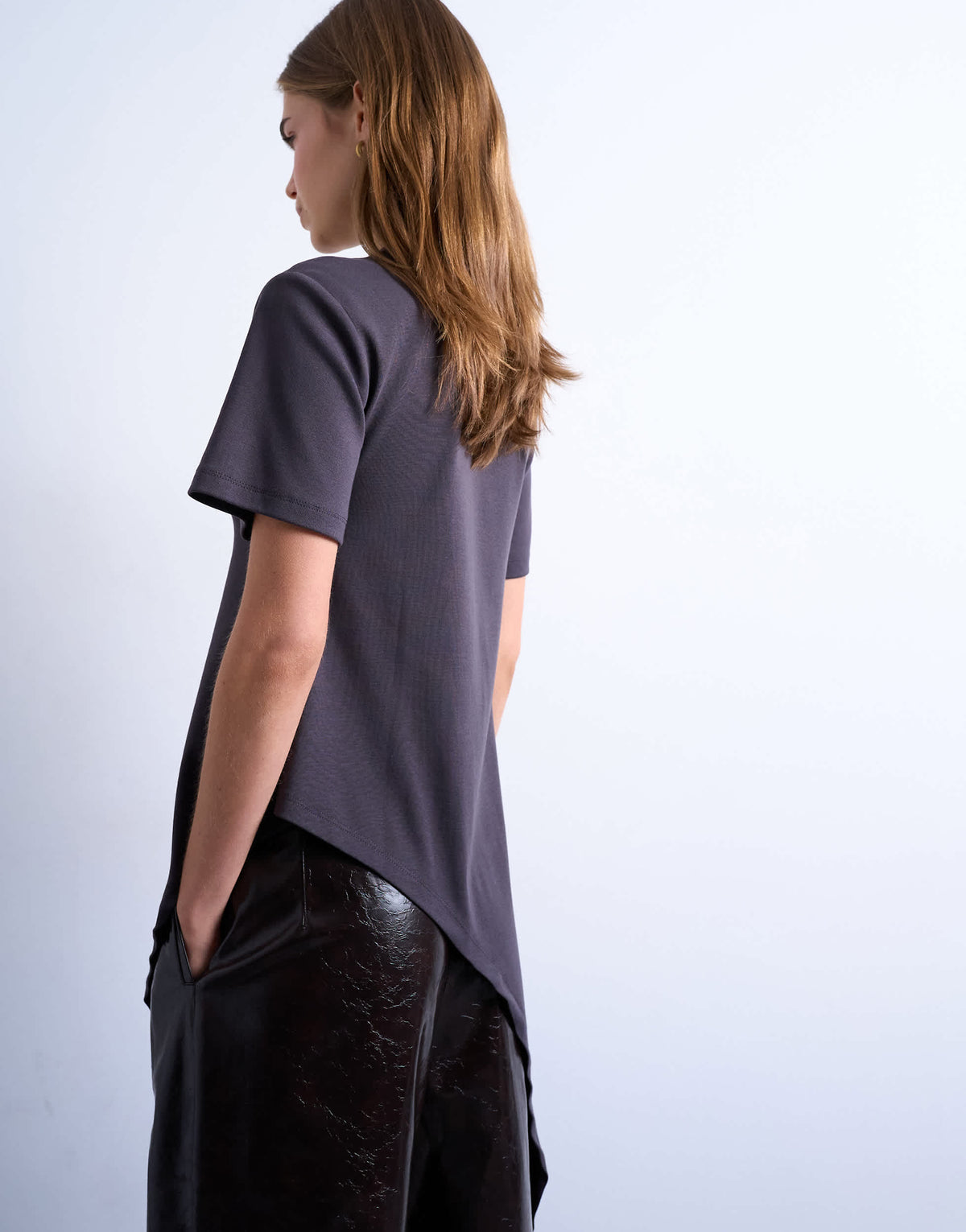 Topshop slinky asymmetric short sleeve tunic top in charcoal grey