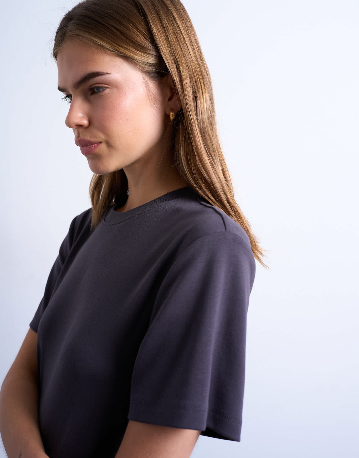 Topshop slinky asymmetric short sleeve tunic top in charcoal grey