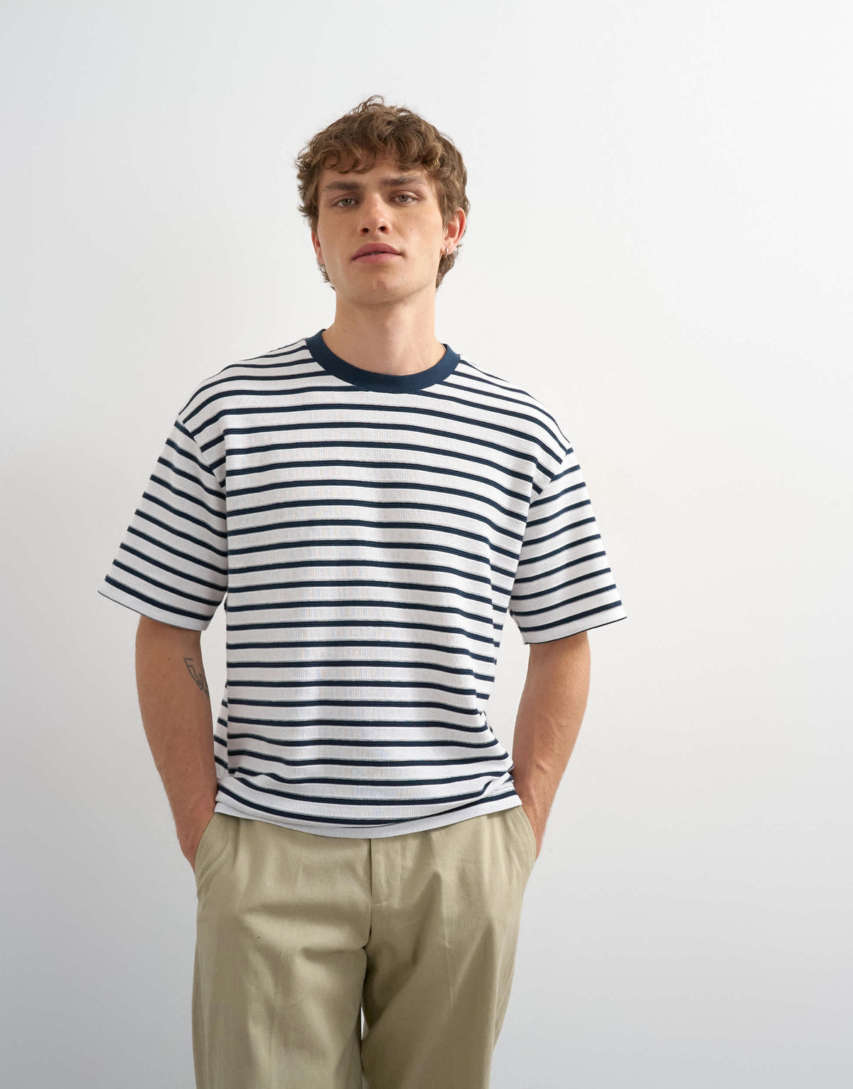 Topman relaxed fit textured t-shirt with breton stripe in navy