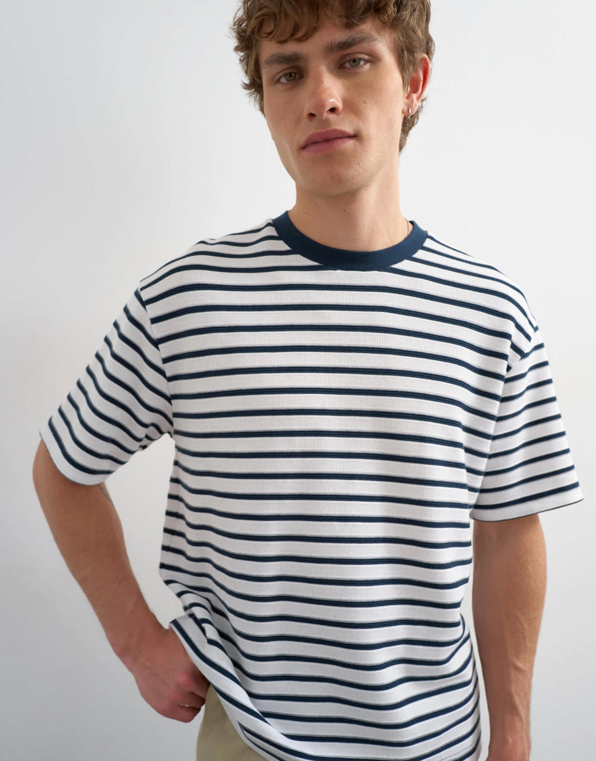 Topman relaxed fit textured t-shirt with breton stripe in navy