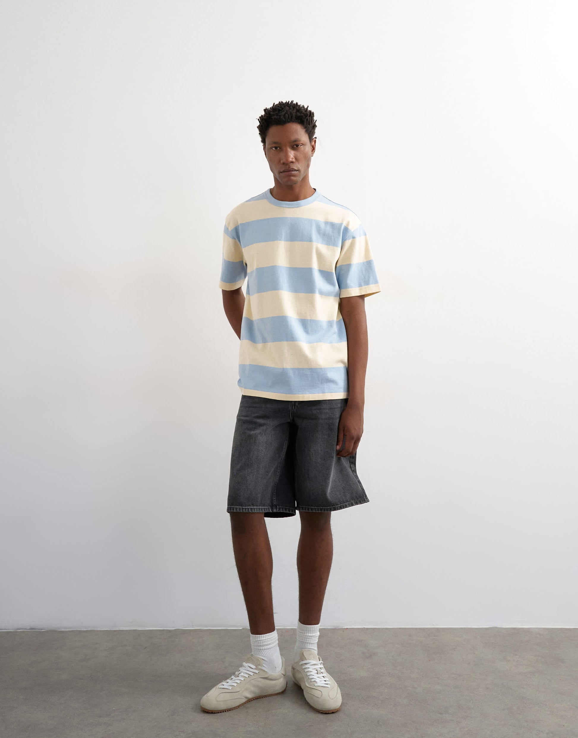 Topman relaxed fit t-shirt with wide stripe in blue and cream 