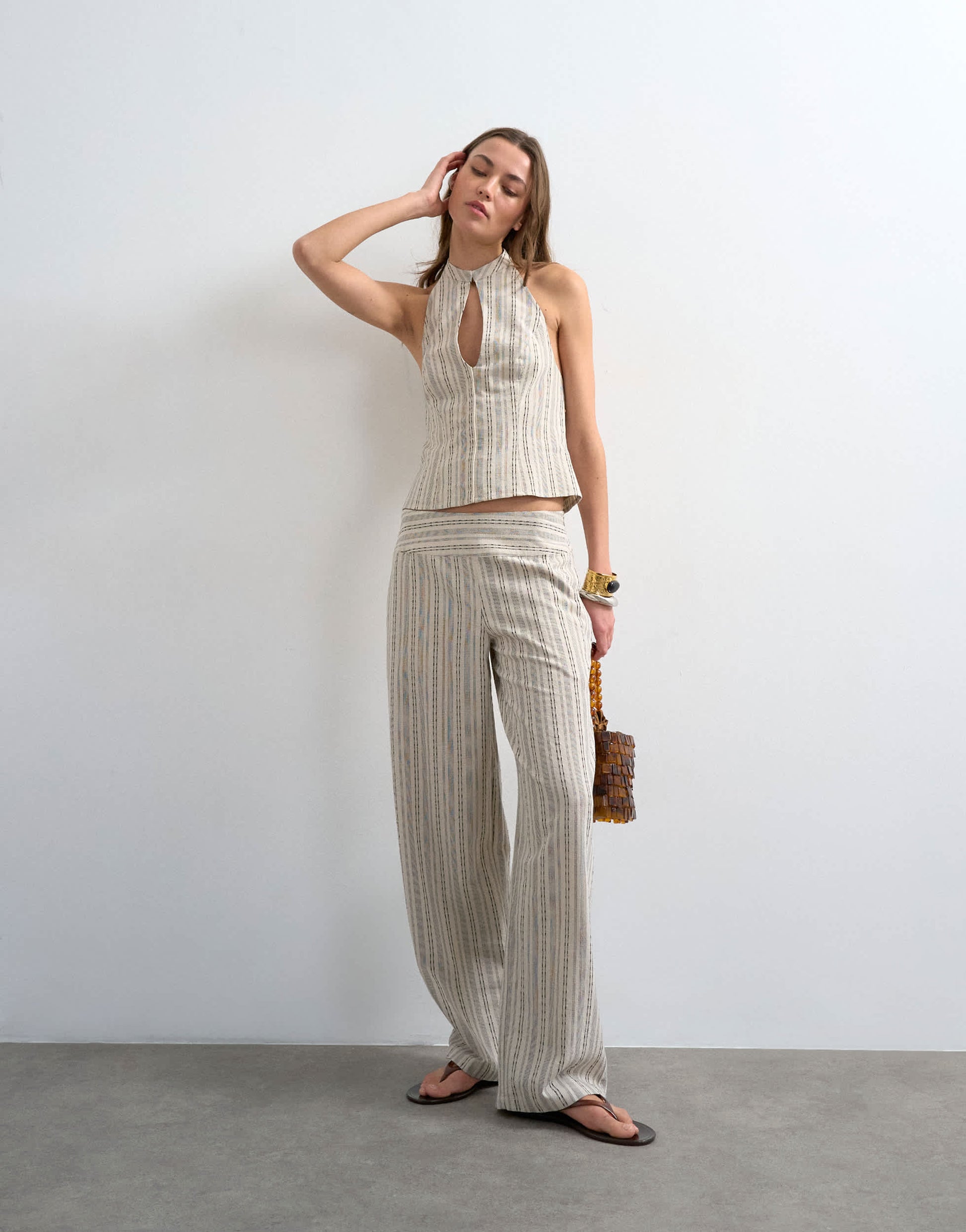 Topshop co ord linen look stripe low rise trouser in ecru