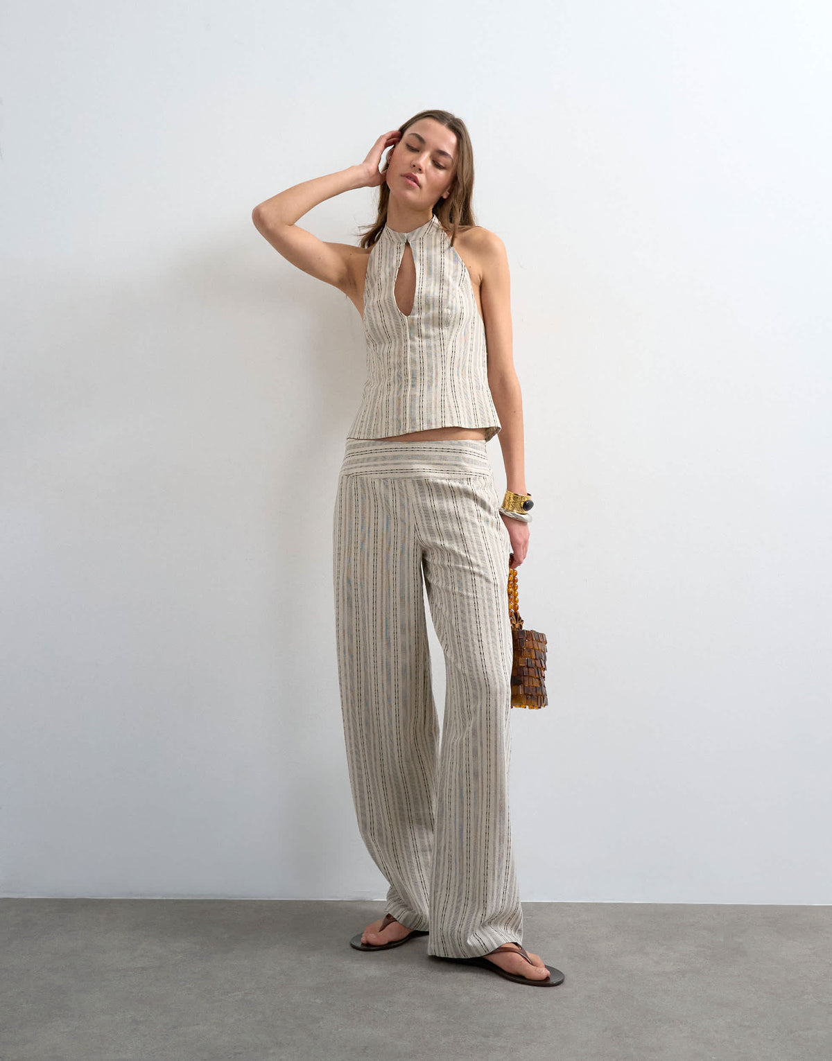 Topshop co ord linen look stripe low rise trouser in ecru