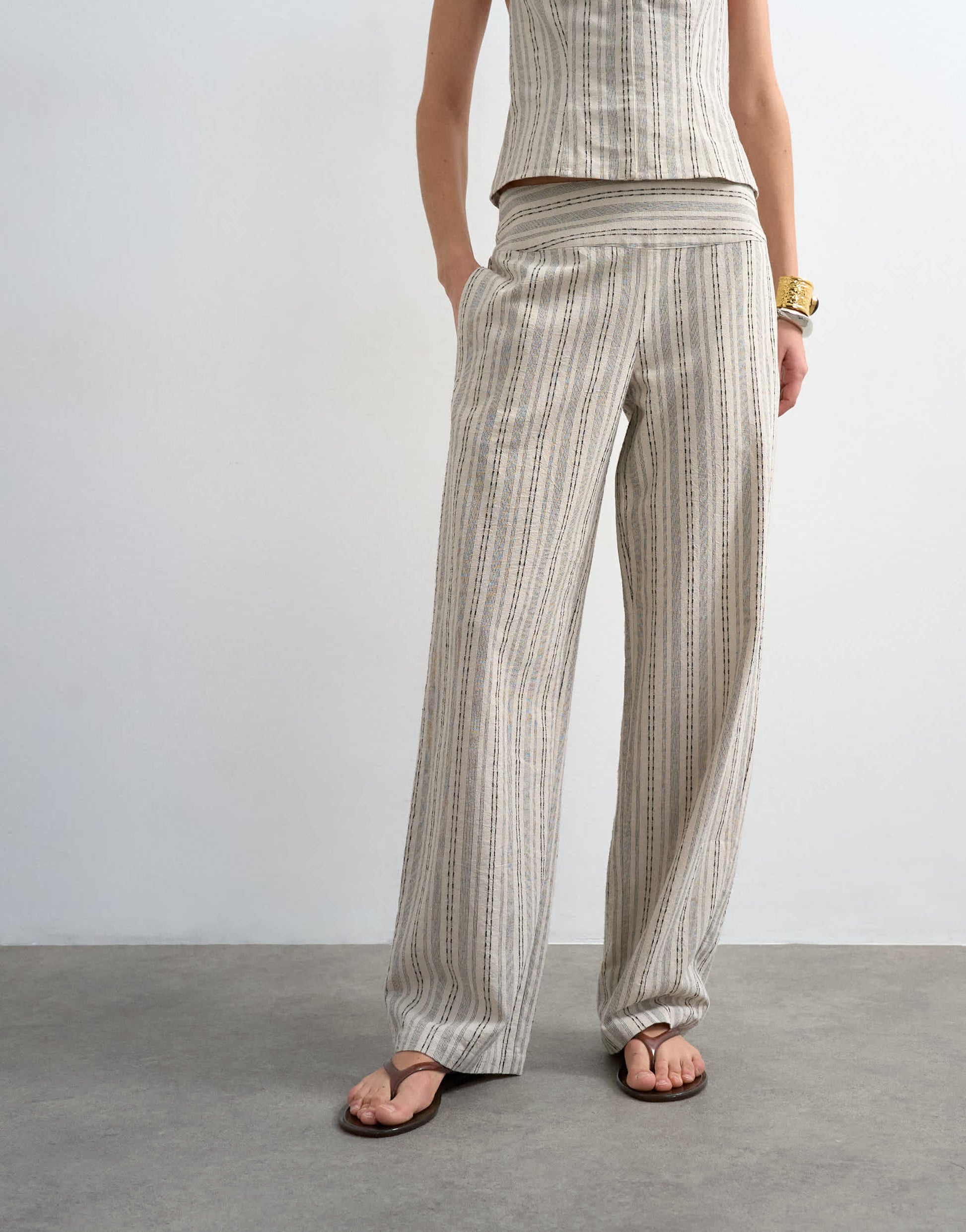 Topshop co ord linen look stripe low rise trouser in ecru