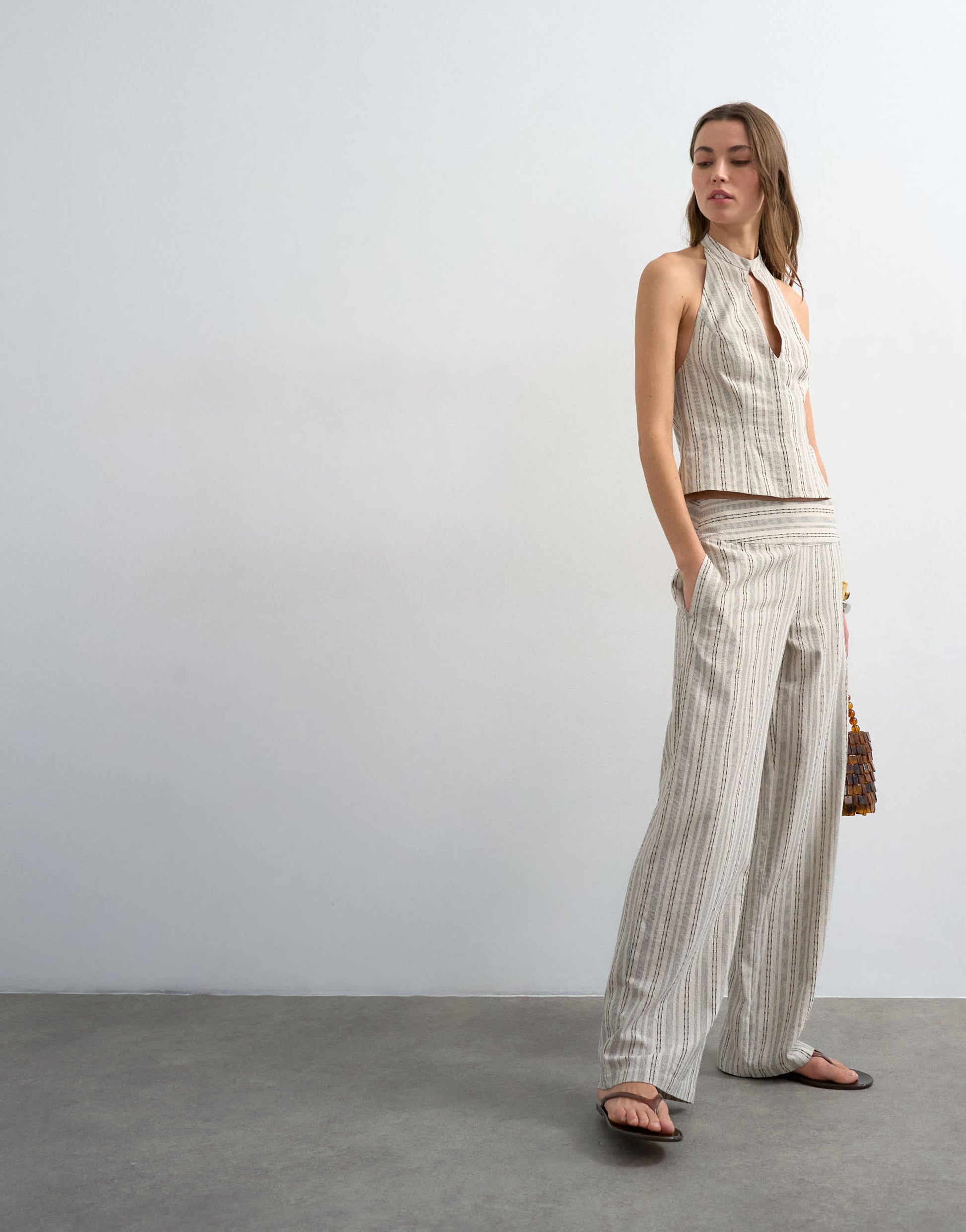 Topshop co ord linen look stripe low rise trouser in ecru